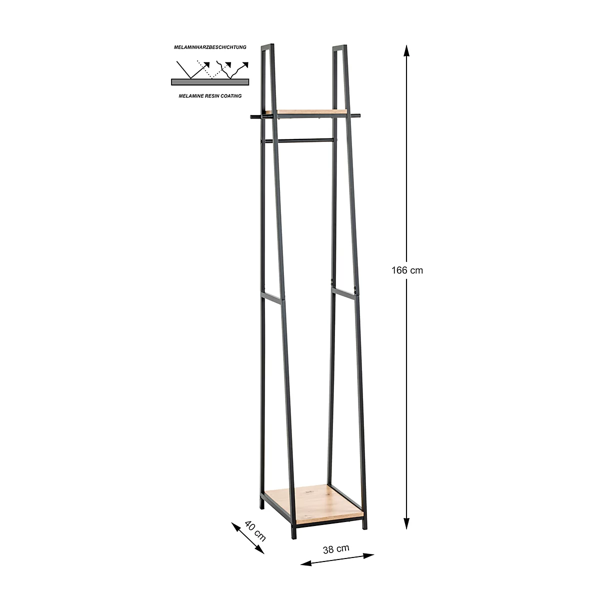 Zwarte, vrijstaande kledingrek met twee planken en een kledingroede tegen een neutrale achtergrond. Afmetingen in cm.