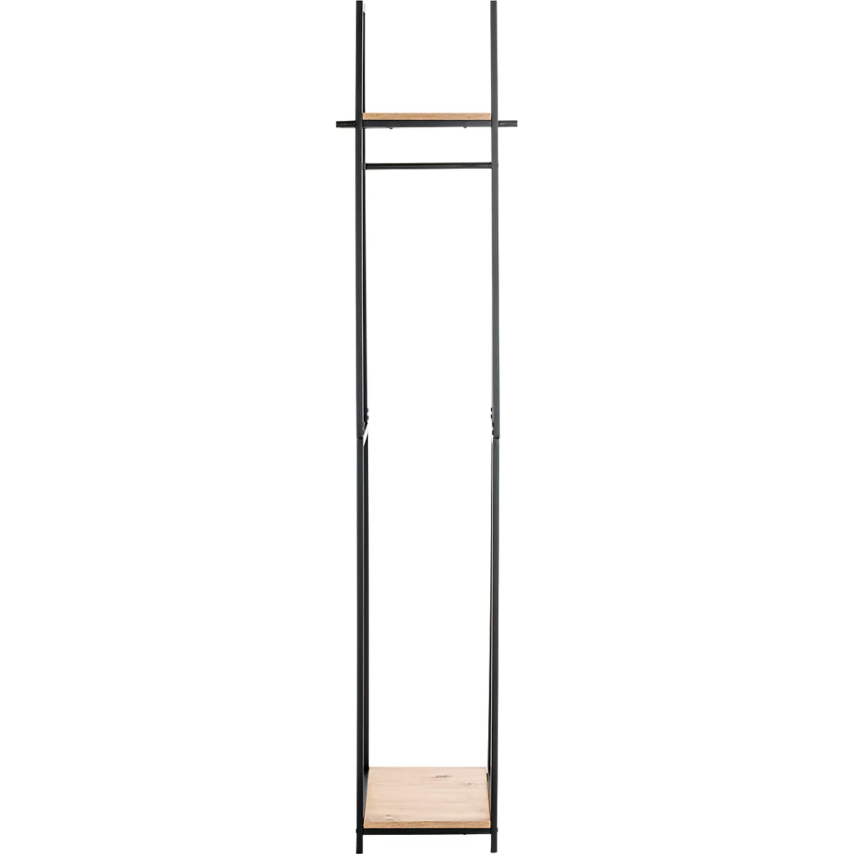 Zwarte kledingrek met plank en kleerhanger. De plank en de kledingroede zijn van hout.
