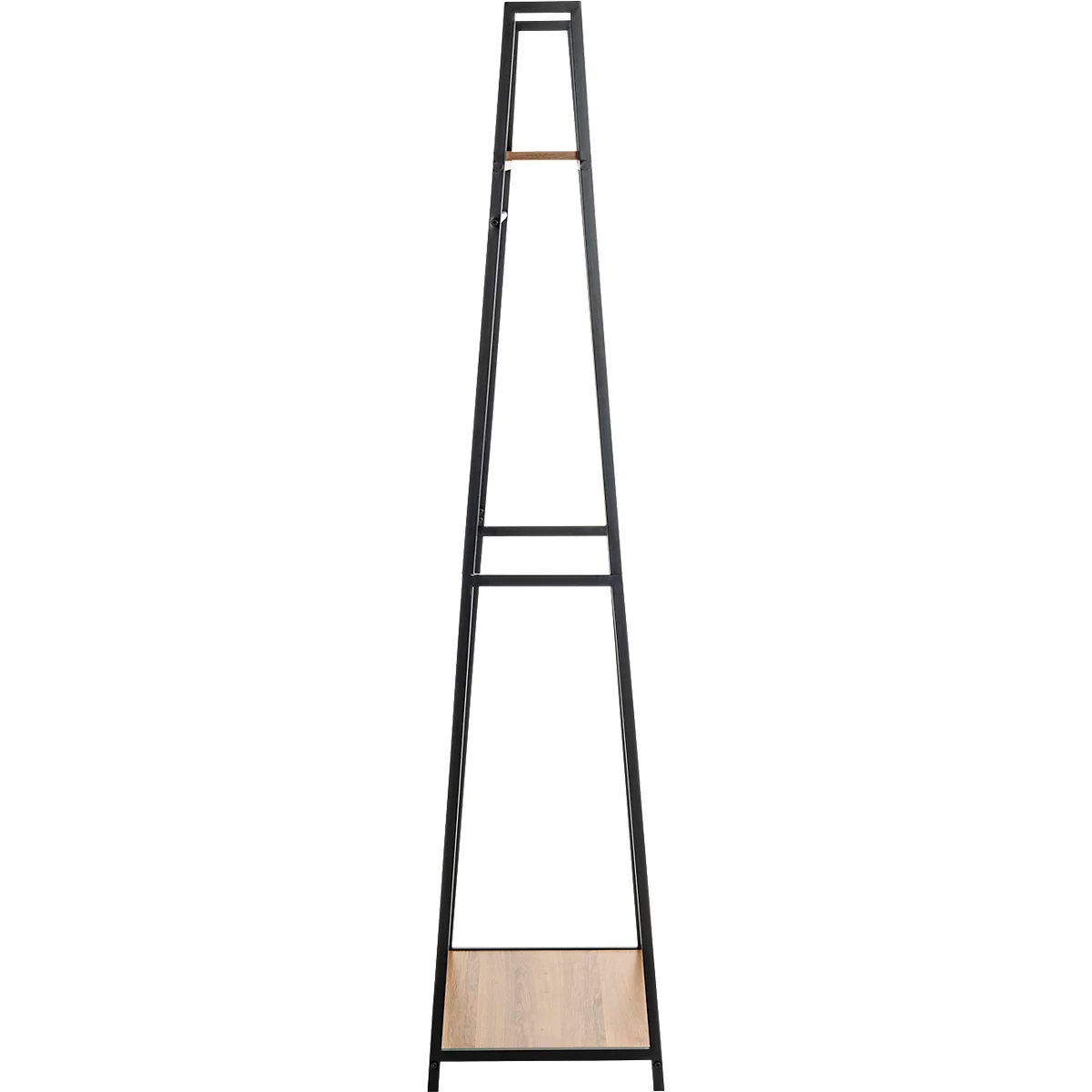 Zwarte kapstok met houten plank en stang.