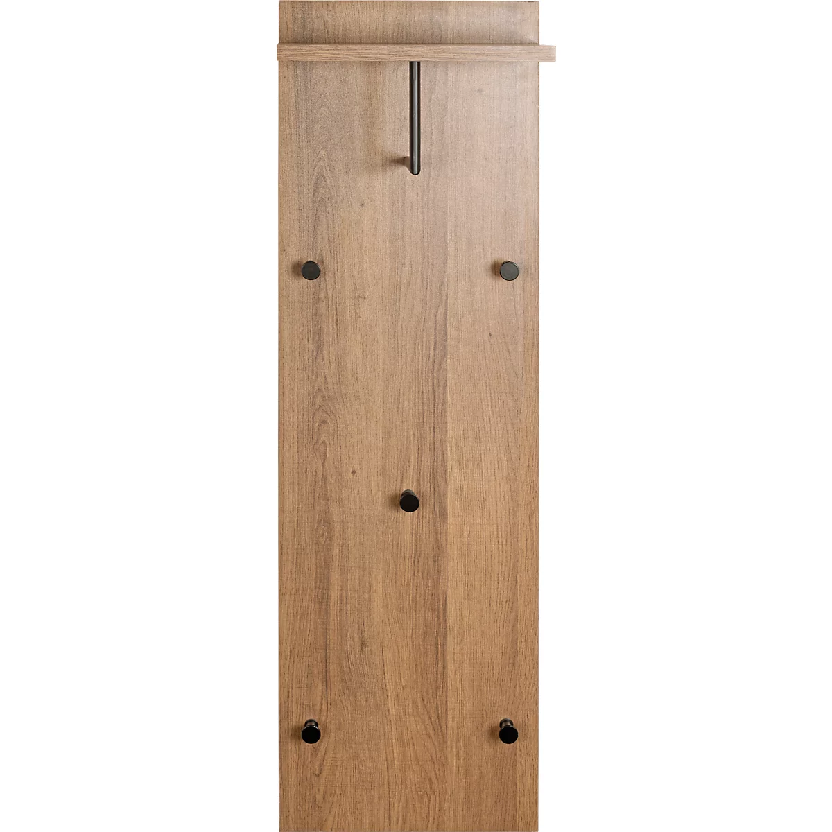 Houten wandkapstok met zwarte kapstokhaak, knoppen en een plank.