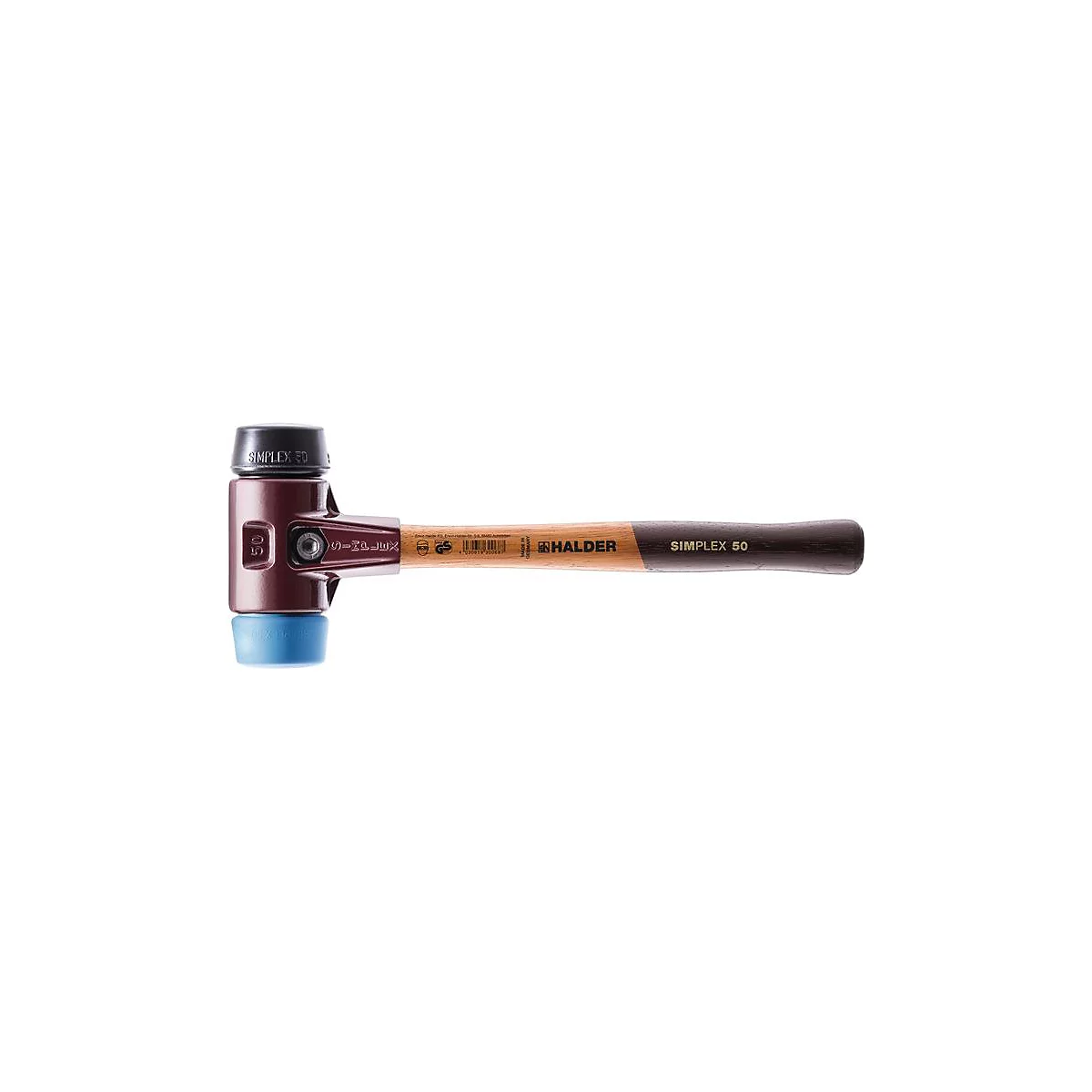 Marteau Simplex, marron-rouge et bleu. Avec manche en bois et nom de la marque.