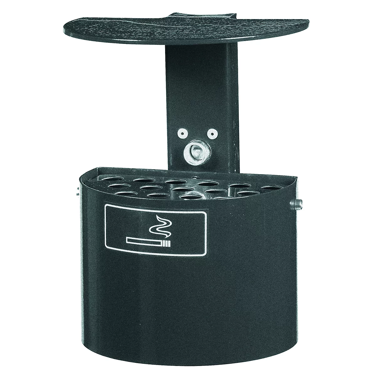 Black ashtray with roof and cigarette symbol, with holes for cigarettes. Top shelf.