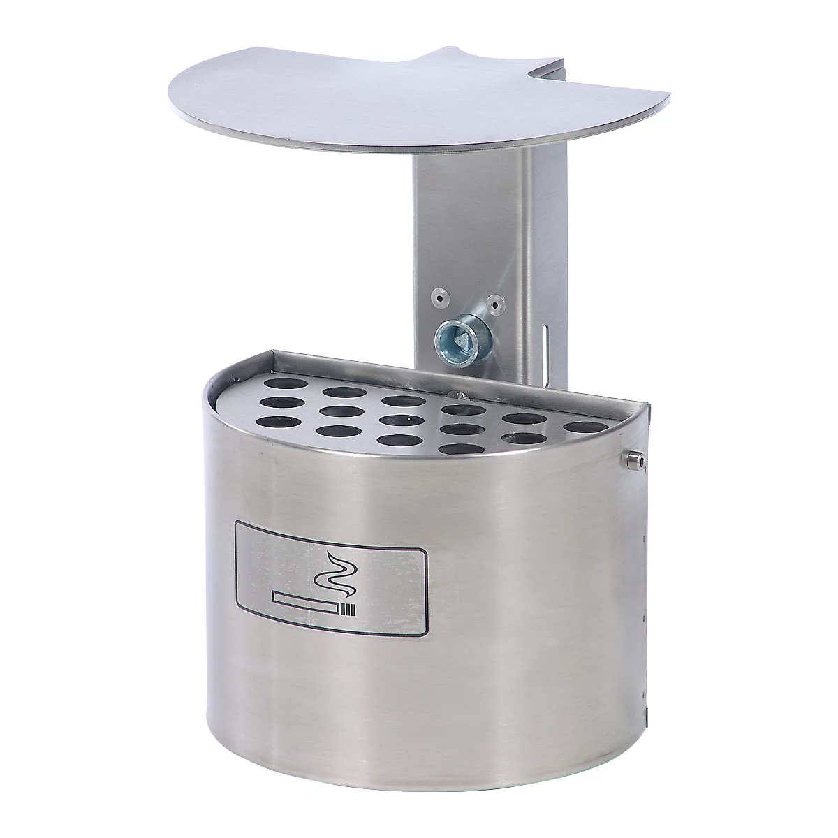 A silver wall-mounted ashtray with a semi-circular container, lid and holes for cigarettes. A cigarette symbol is shown on the container.