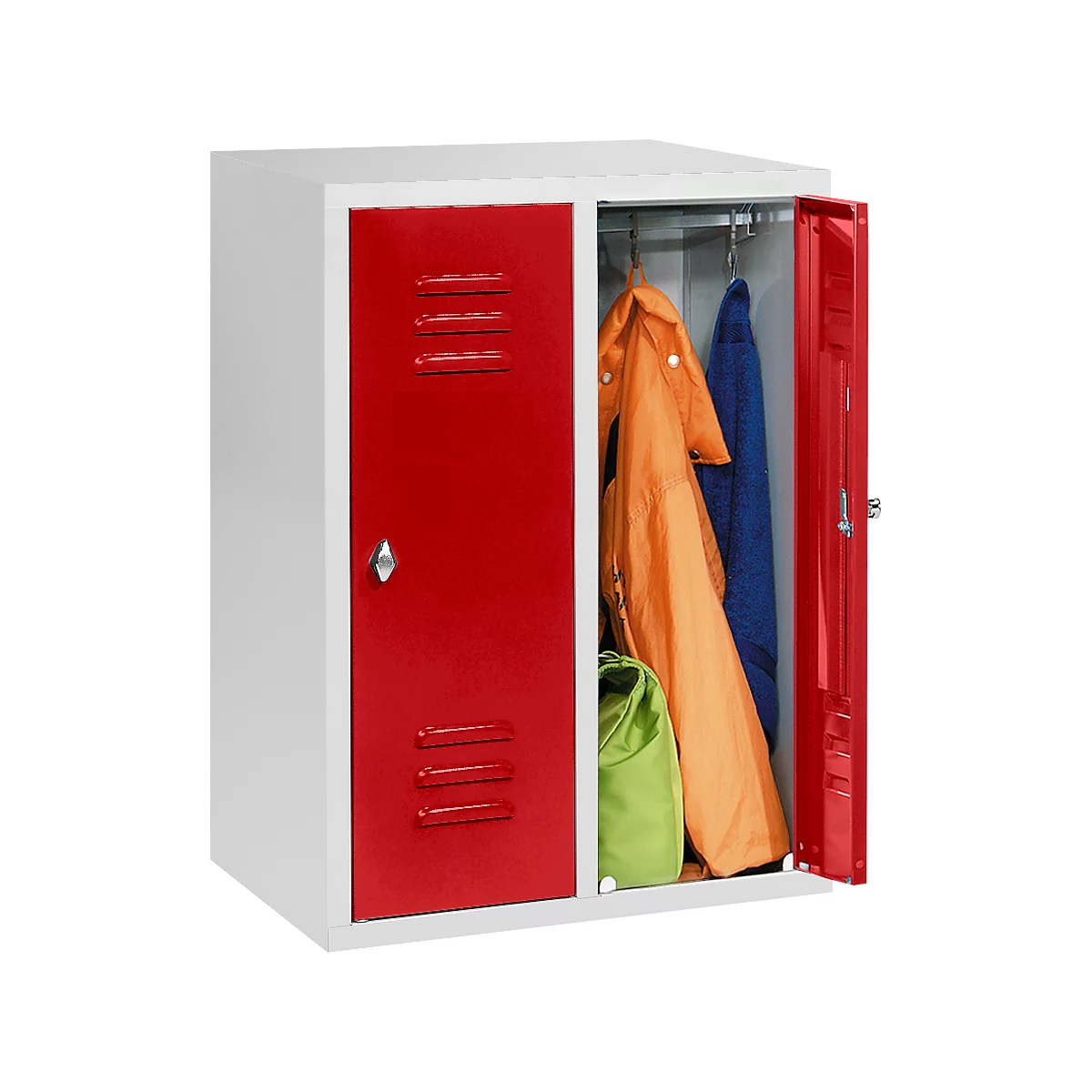 Halfhoge kledinglocker, 2 compartimenten, 300 mm, draaigrendelslot, lichtgrijs/vuurrood