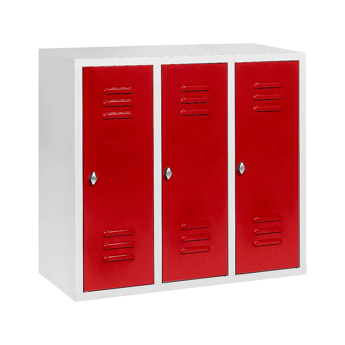 Halfhoge kledinglocker, 3 compartimenten, 300 mm, draaigrendelslot, lichtgrijs/vuurrood