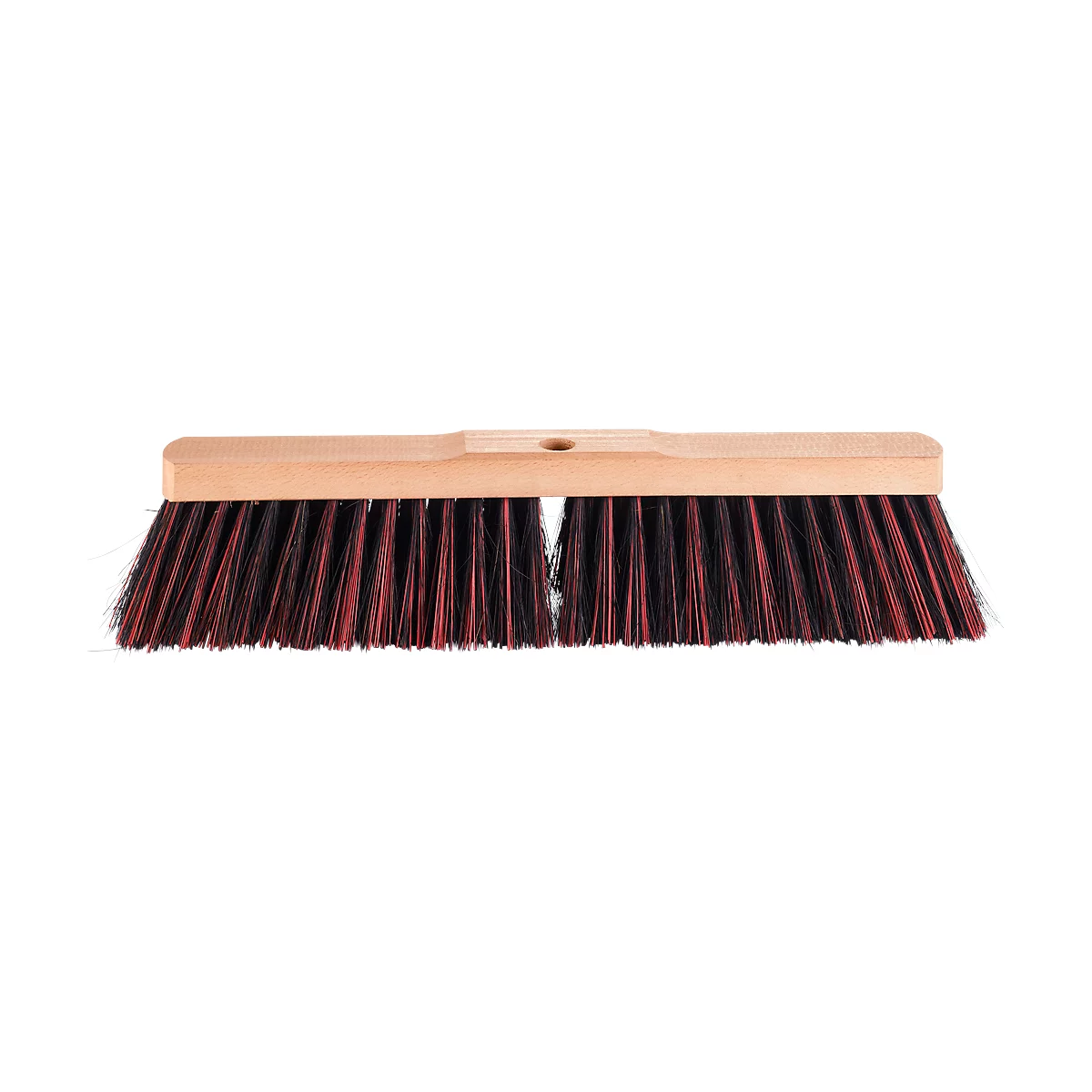 Broom with wooden handle, red and black bristles. Focus on bristles and handle.