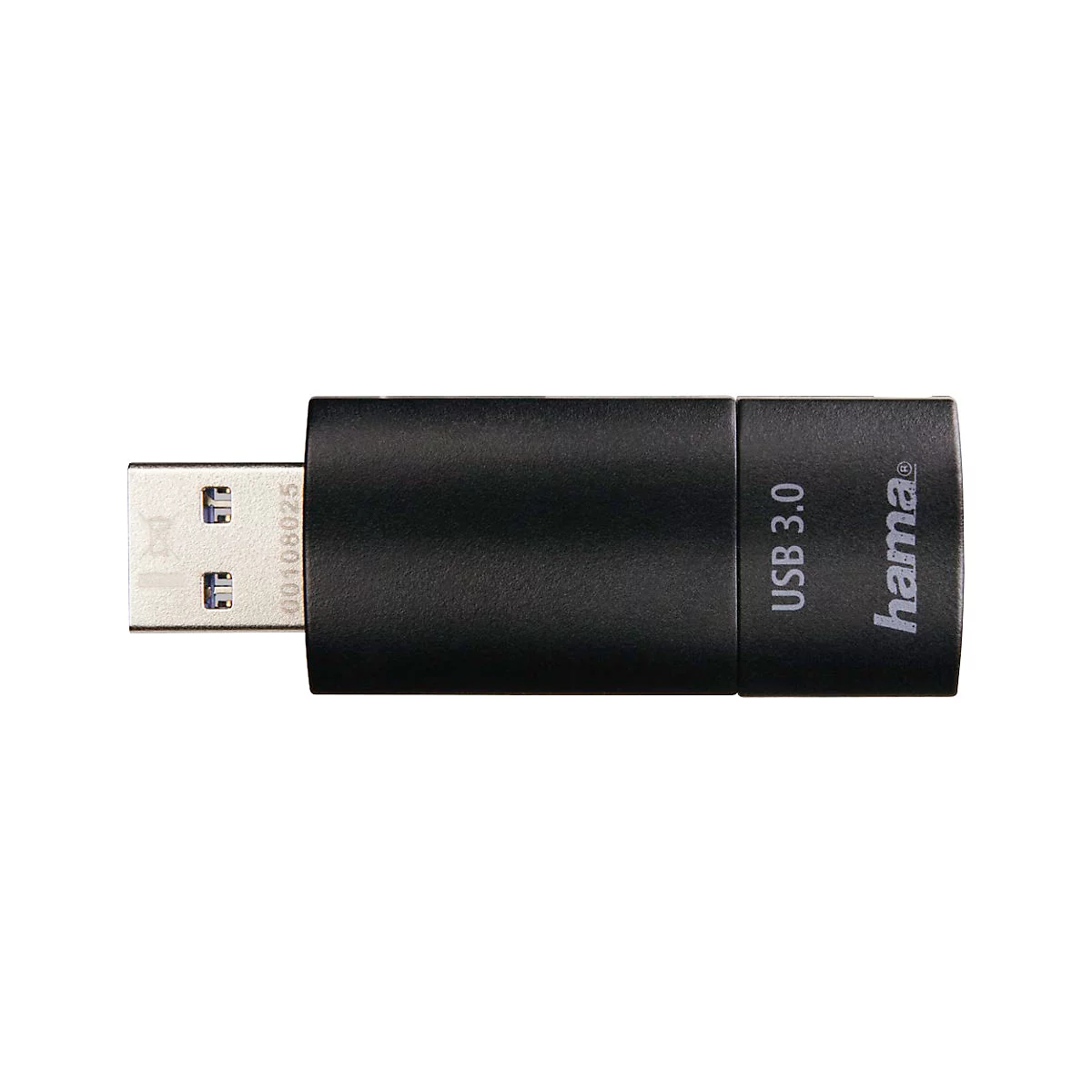 Clé USB noire avec inscription 'USB 3.0' et 'hama'. Fiche argentée. Petite et compacte.