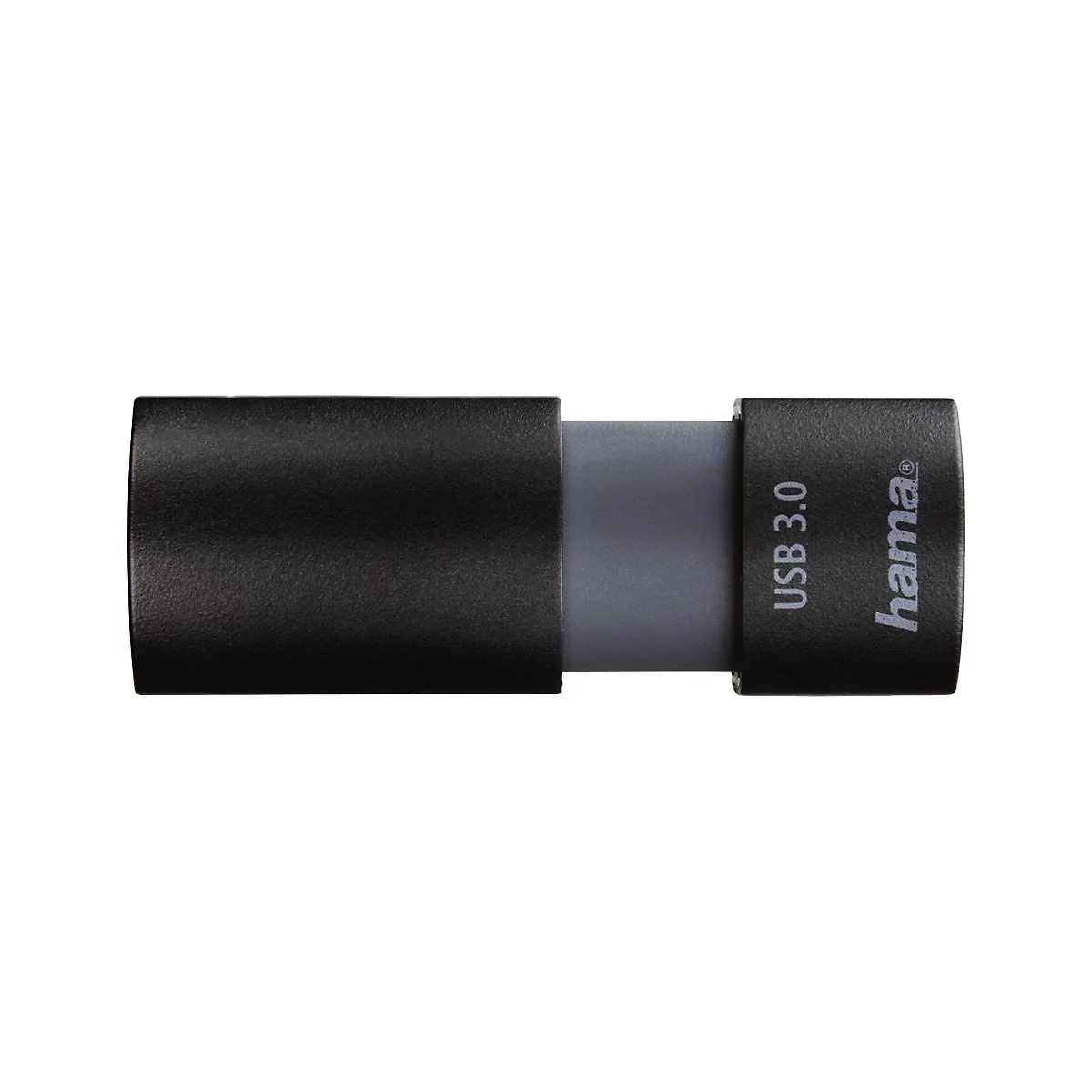 Clé USB noire avec connexion grise, inscription "USB 3.0" et "hama".