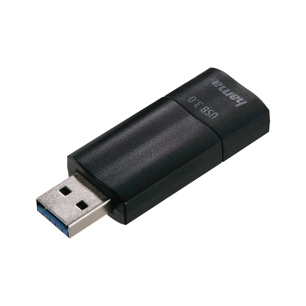 Clé USB noire, connecteur argenté. Inscription 'USB 3.0' et 'hama'.