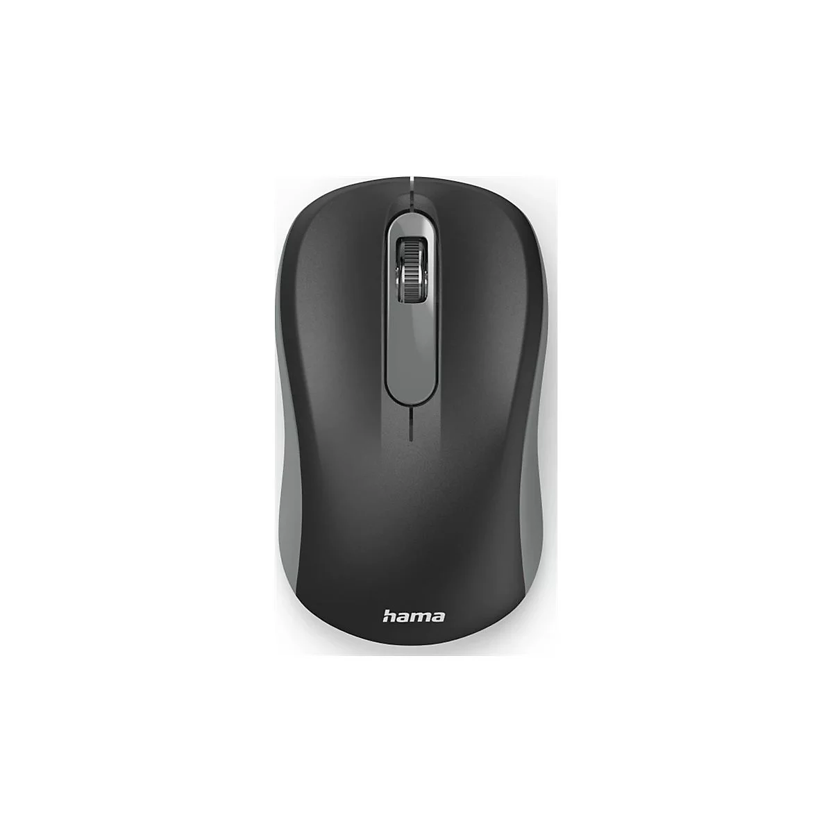 Draufsicht einer anthrazitfarbenen, ergonomisch geformten kabellosen Hama Computermaus mit grauem Scrollrad.