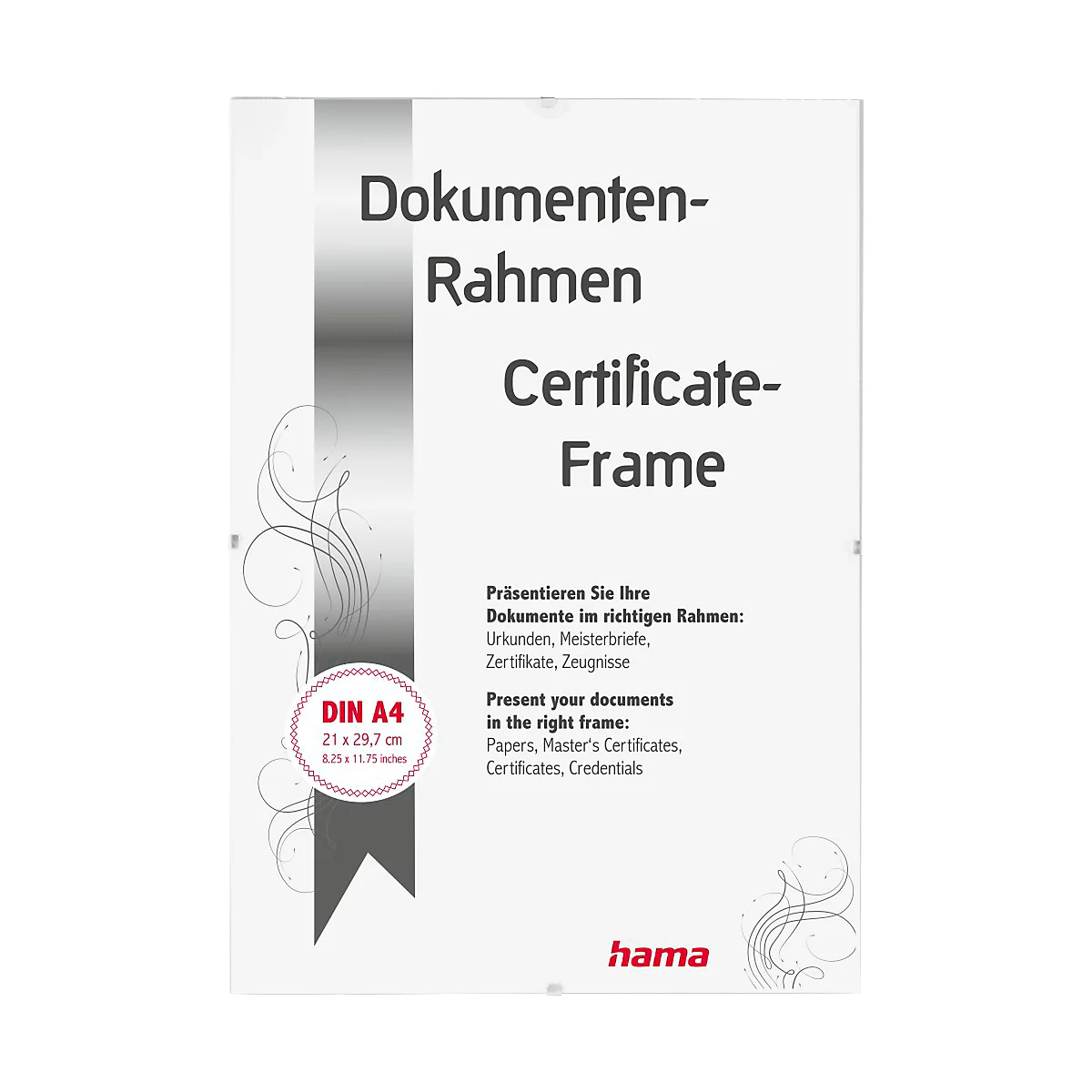Ein weisser Dokumentenrahmen, mit Text wie "Dokumenten-Rahmen, Certificate-Frame", Grössenangabe A4, Herstellerlogo hama.