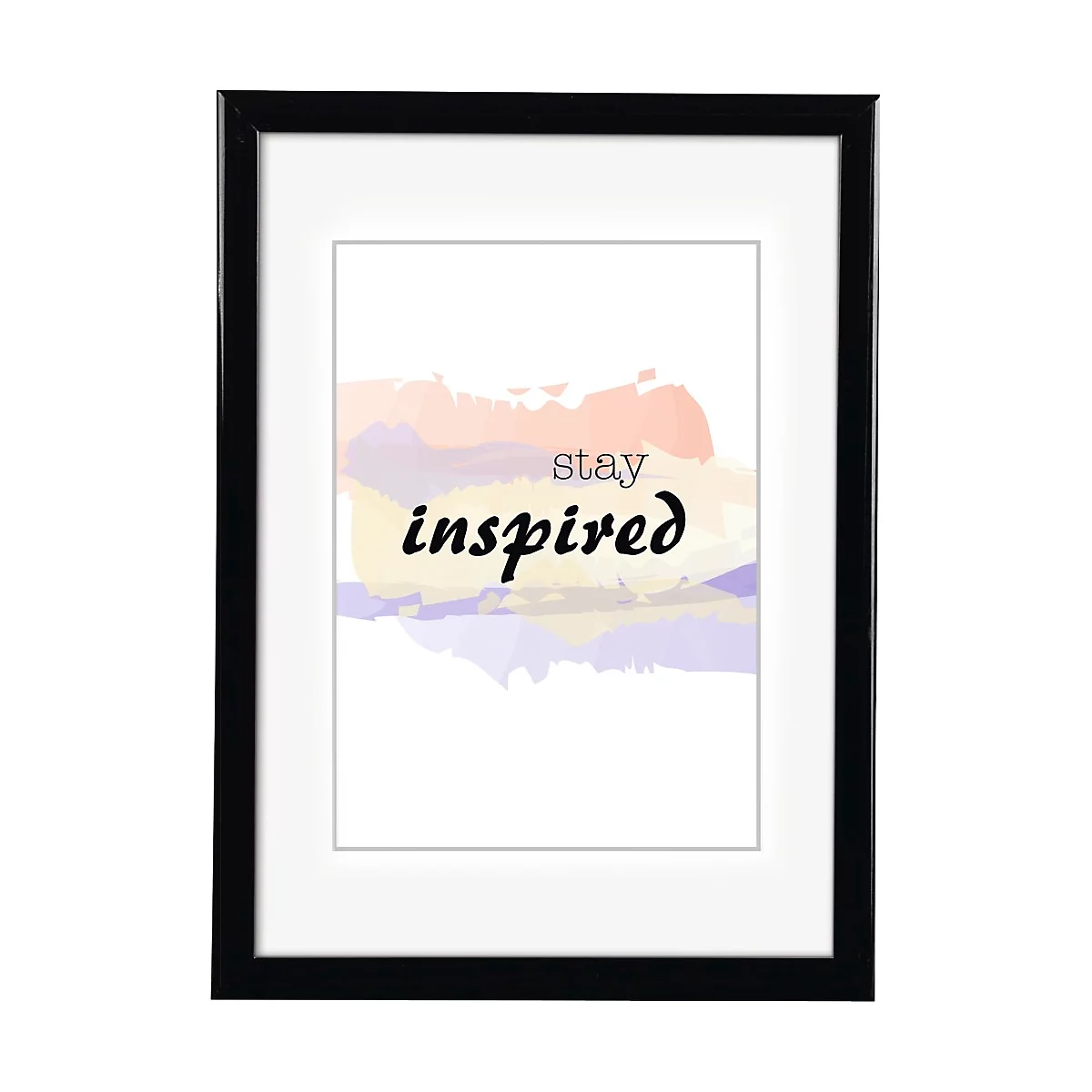 Schwarzer Rahmen mit weissem Passepartout. Auf dem Bild stehen die Worte "stay inspired" vor einem bunten Hintergrund.
