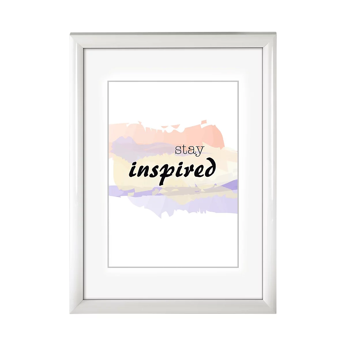 Ein gerahmtes Bild mit der Aufschrift "Stay Inspired" auf einem farbigen Aquarellhintergrund.