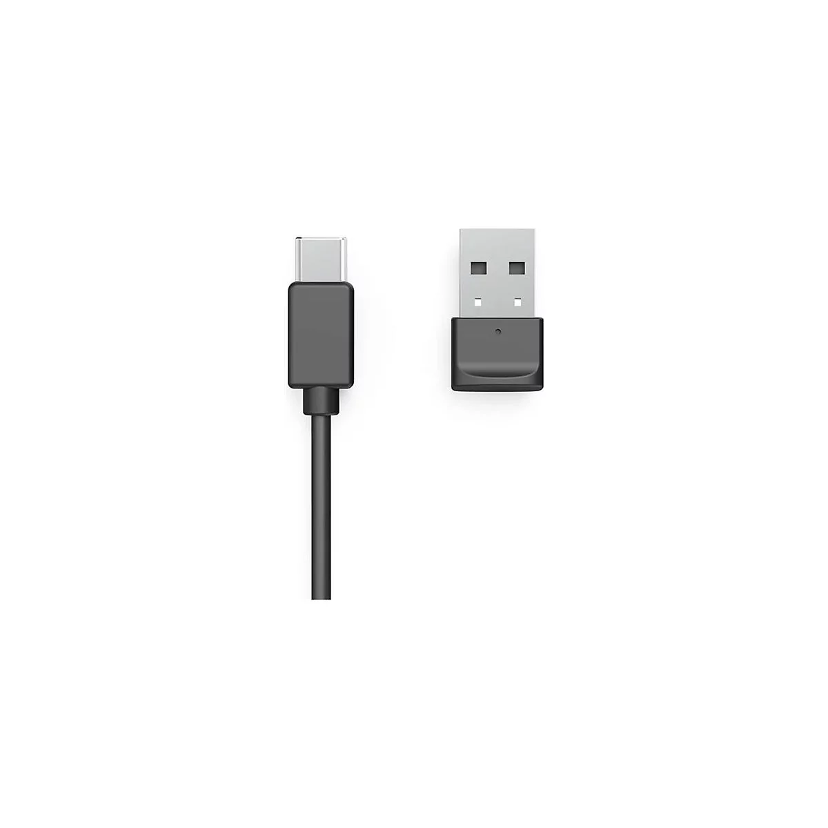 Ein schwarzes USB-C Kabel mit einem USB-A Adapter auf einem weißen Hintergrund.