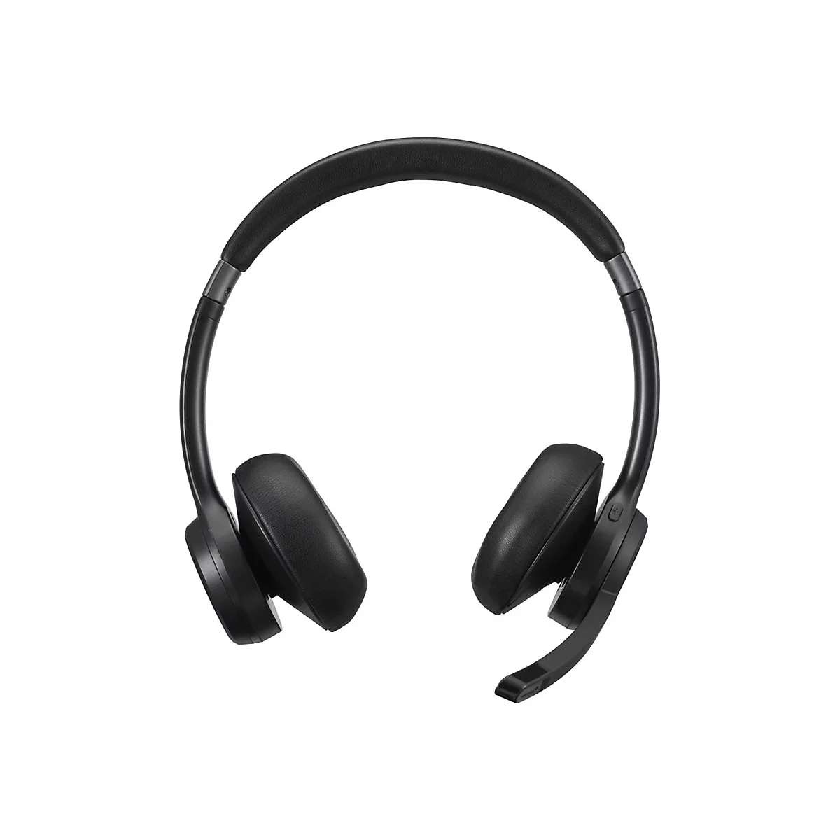 Schwarzes On-Ear-Headset mit gepolstertem Kopfbügel und Mikrofonarm vor weißem Hintergrund.
