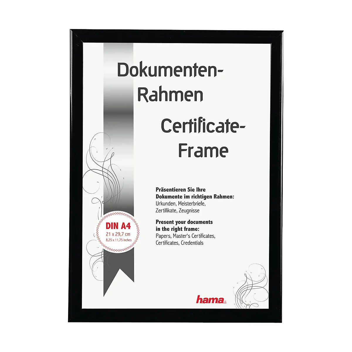 Cadre de documents noir avec fond blanc, texte : Dokumenten-Rahmen, Certificate-Frame, DIN A4, logo Hama.