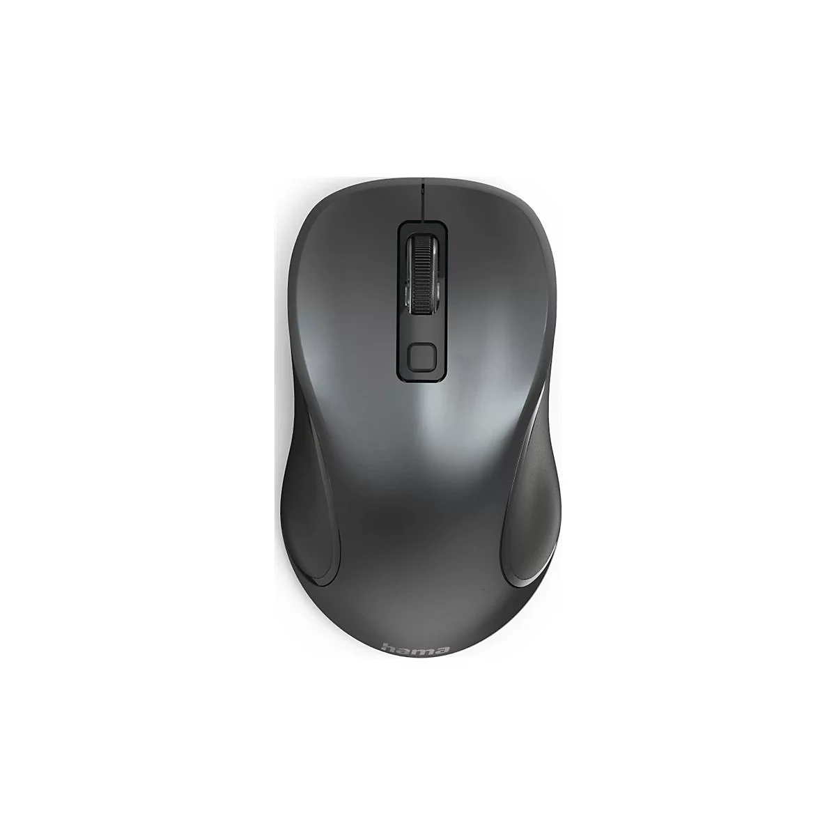 Dunkelgraue, kabellose Computermaus von Hama in Draufsicht auf weißem Hintergrund.