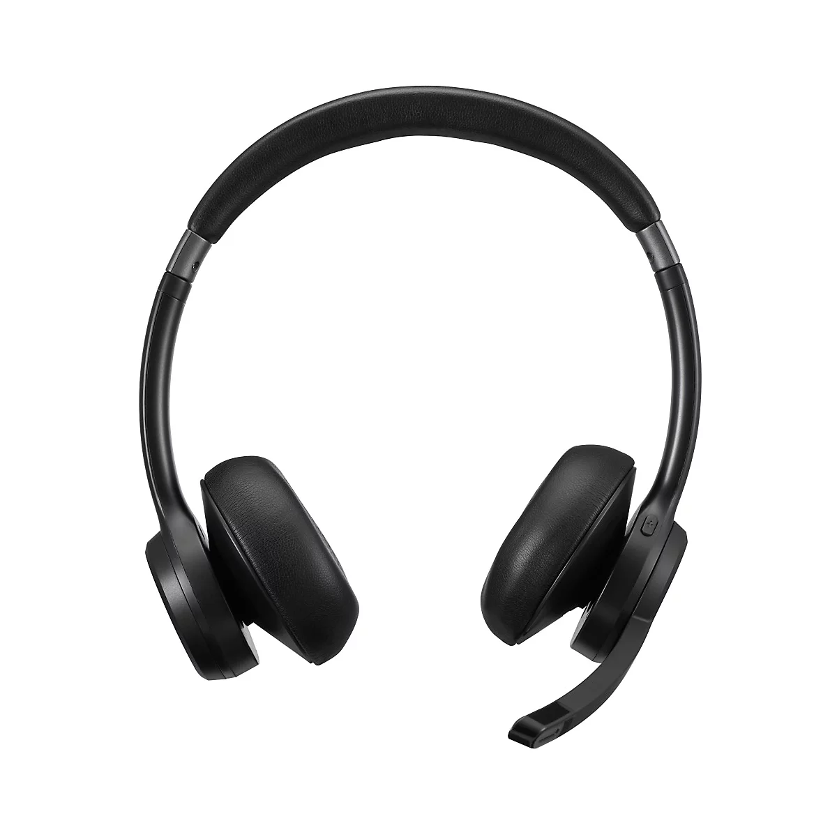 Casque noir avec écouteurs et microphone, sur fond blanc.