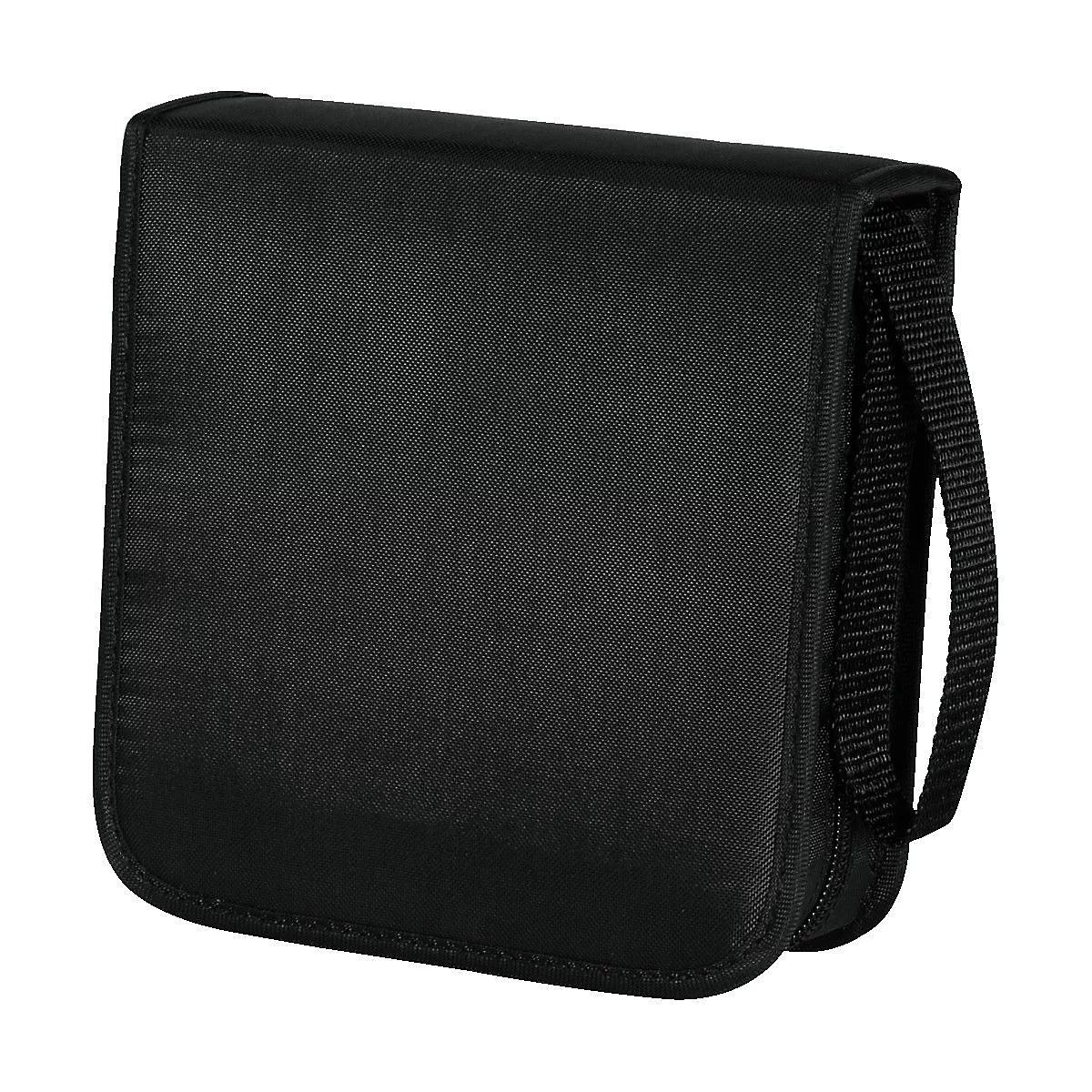 Étui à CD noir avec boucle de transport et fermeture éclair.