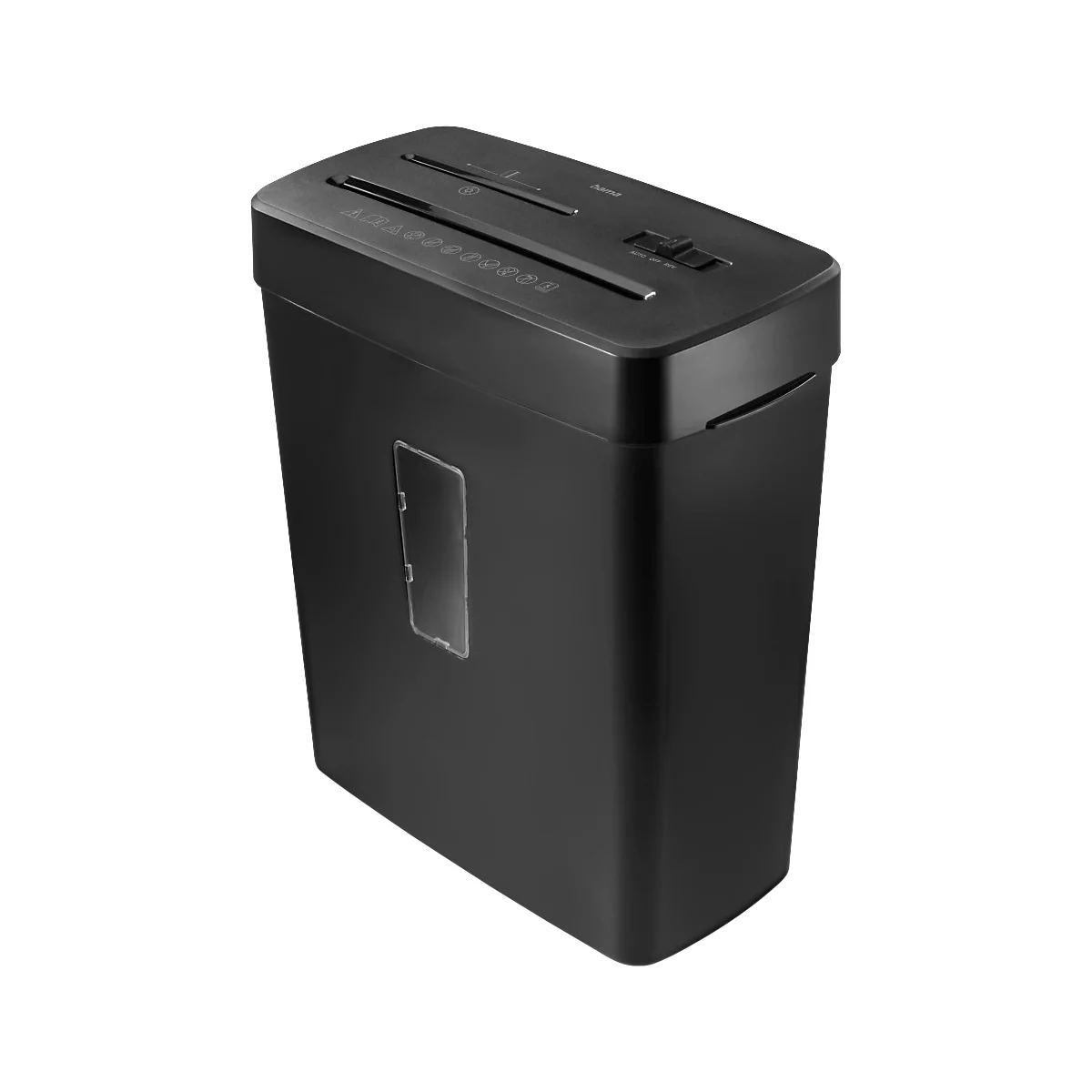 Déchiqueteuse de papier noire et rectangulaire avec fentes d'alimentation et fenêtre transparente.
