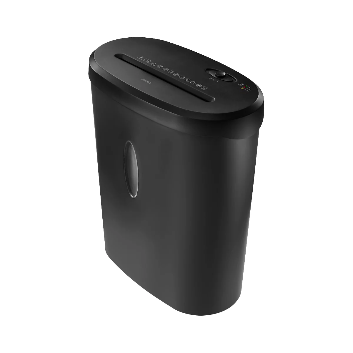 Déchiqueteuse de papier noire, de forme ovale, avec une fente d'alimentation sur le dessus et une fenêtre de visualisation sur le côté.