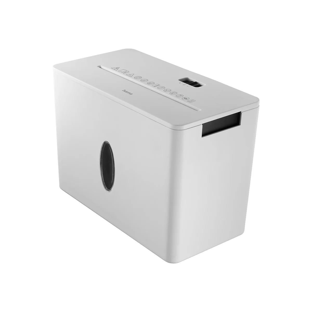 Déchiqueteuse de papier blanche. Fente d'alimentation supérieure, fenêtre de visualisation ovale sur le côté. 'Hama' est écrit en haut.