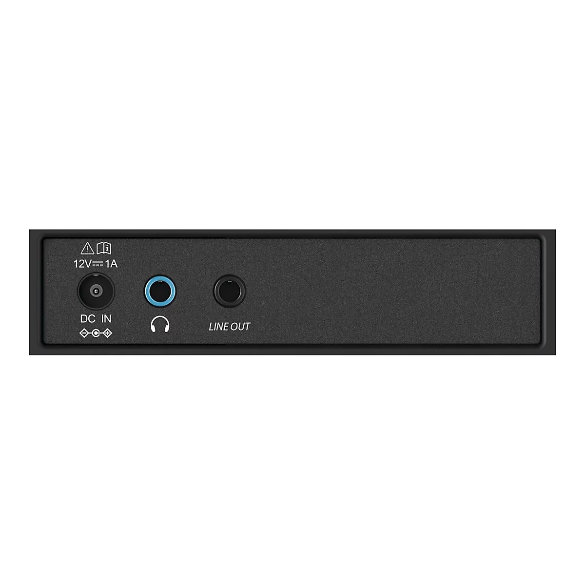 ArriÃ¨re d'un appareil audio noir avec entrÃ©es: DC, casque et sortie ligne.