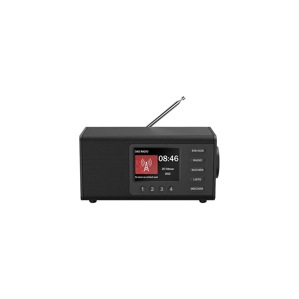 Radio noir avec Ã©cran, antenne et boutons. L'Ã©cran affiche l'heure 08:46, la date et un symbole radio.