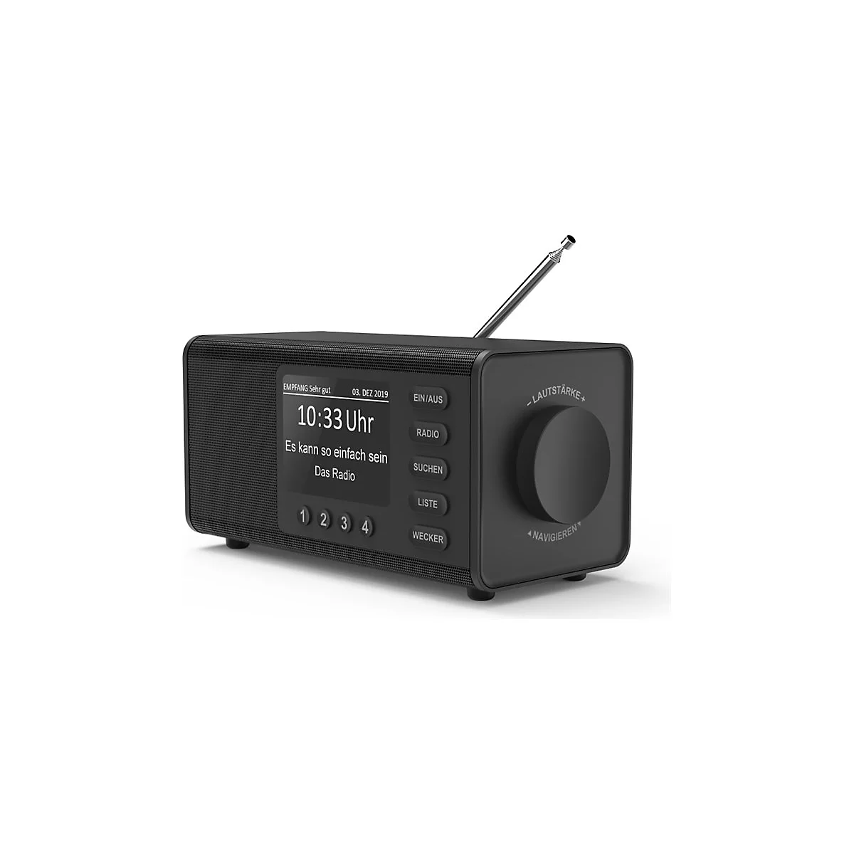 Radio noir avec affichage, heure : 10h33. Panneau de commande avec boutons, dont marche/arrÃªt, radio, recherche, liste, rÃ©veil. ContrÃ´le du volume.