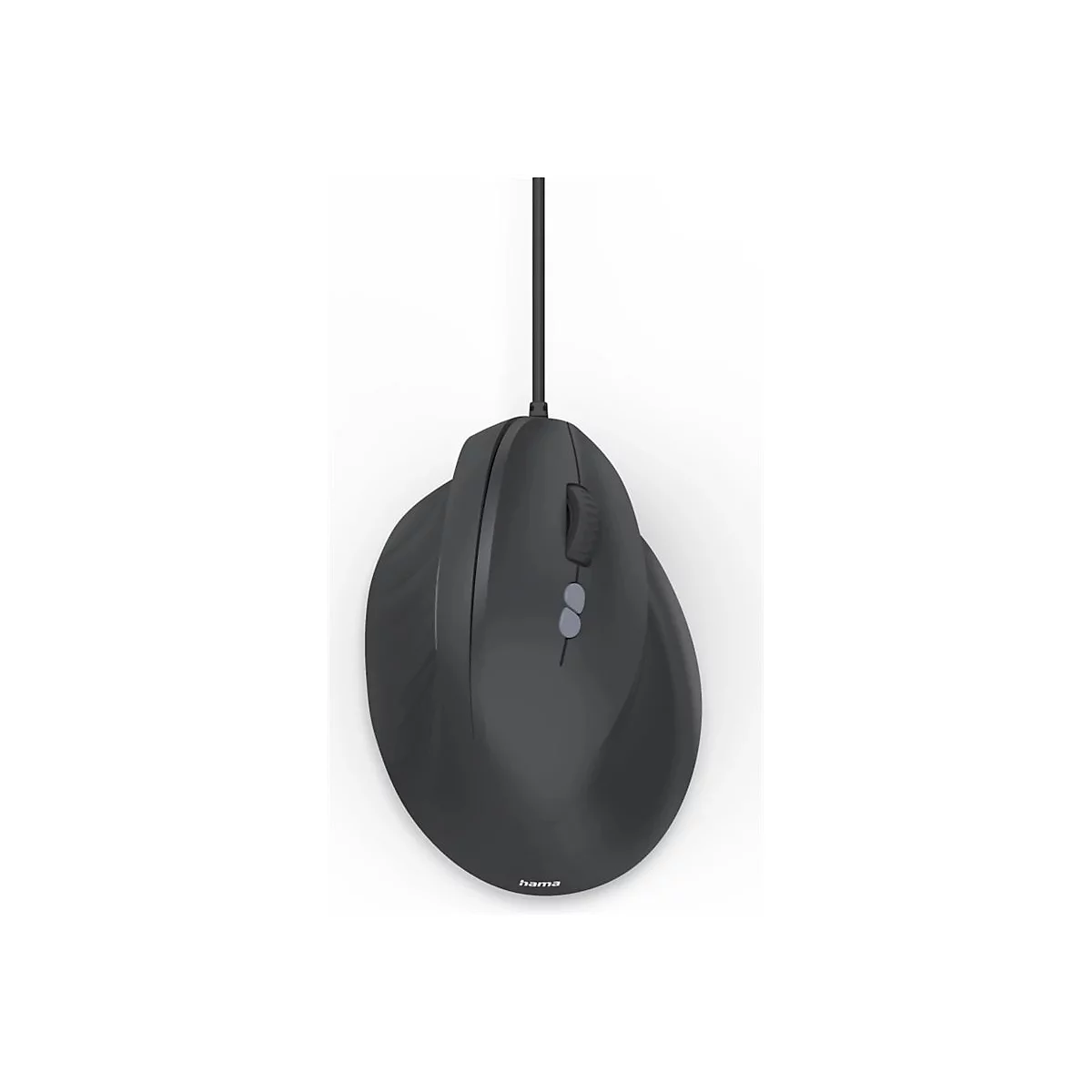 Schwarze, ergonomische Kabelmaus von Hama in der Draufsicht vor weißem Hintergrund.