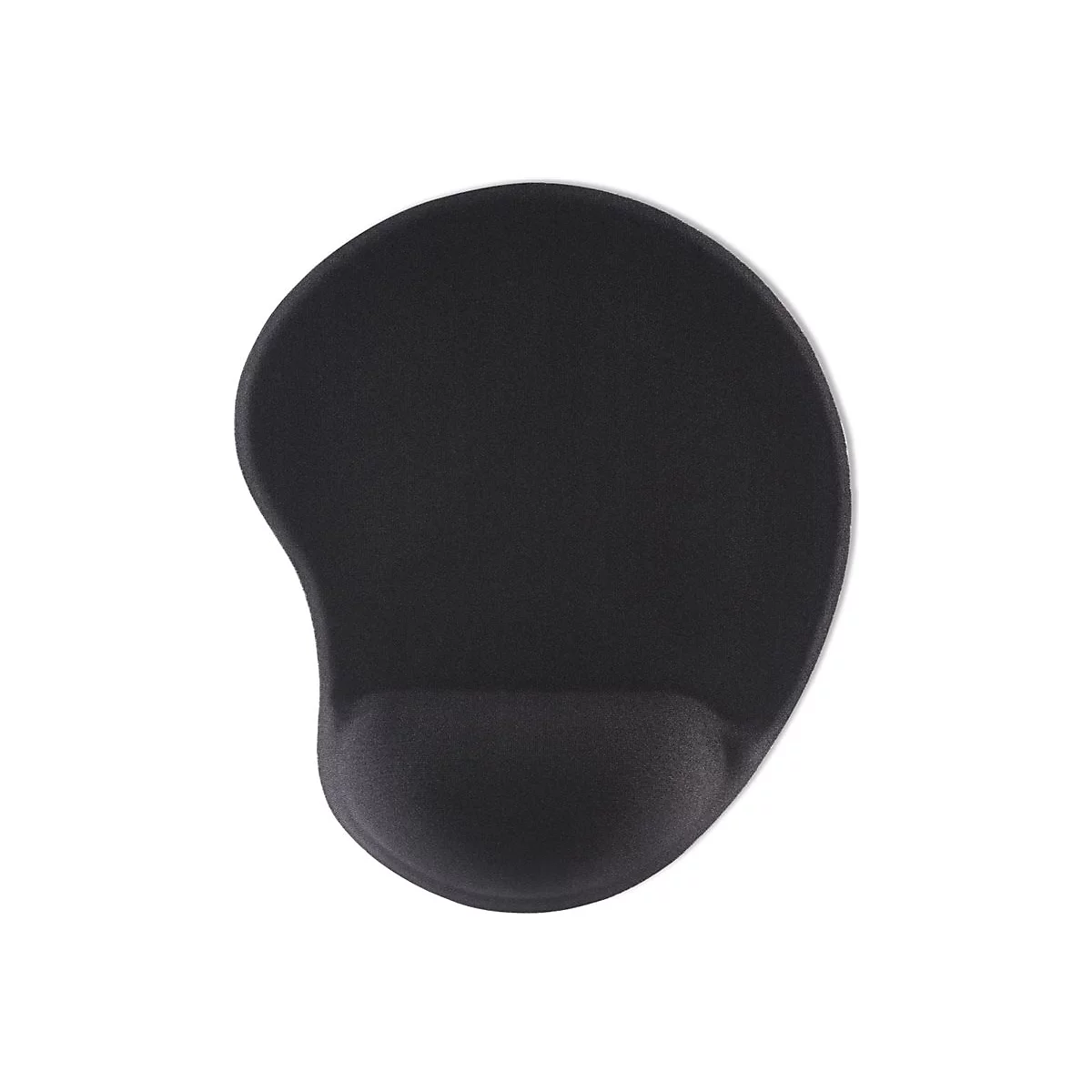 Schwarzes Mauspad mit ergonomischer Handgelenkauflage vor weißem Hintergrund.