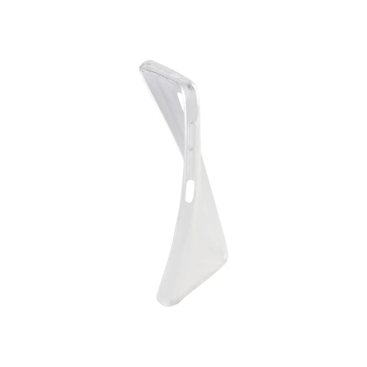 Transparente, flexible Handyhülle in Seitenansicht vor weißem Hintergrund.