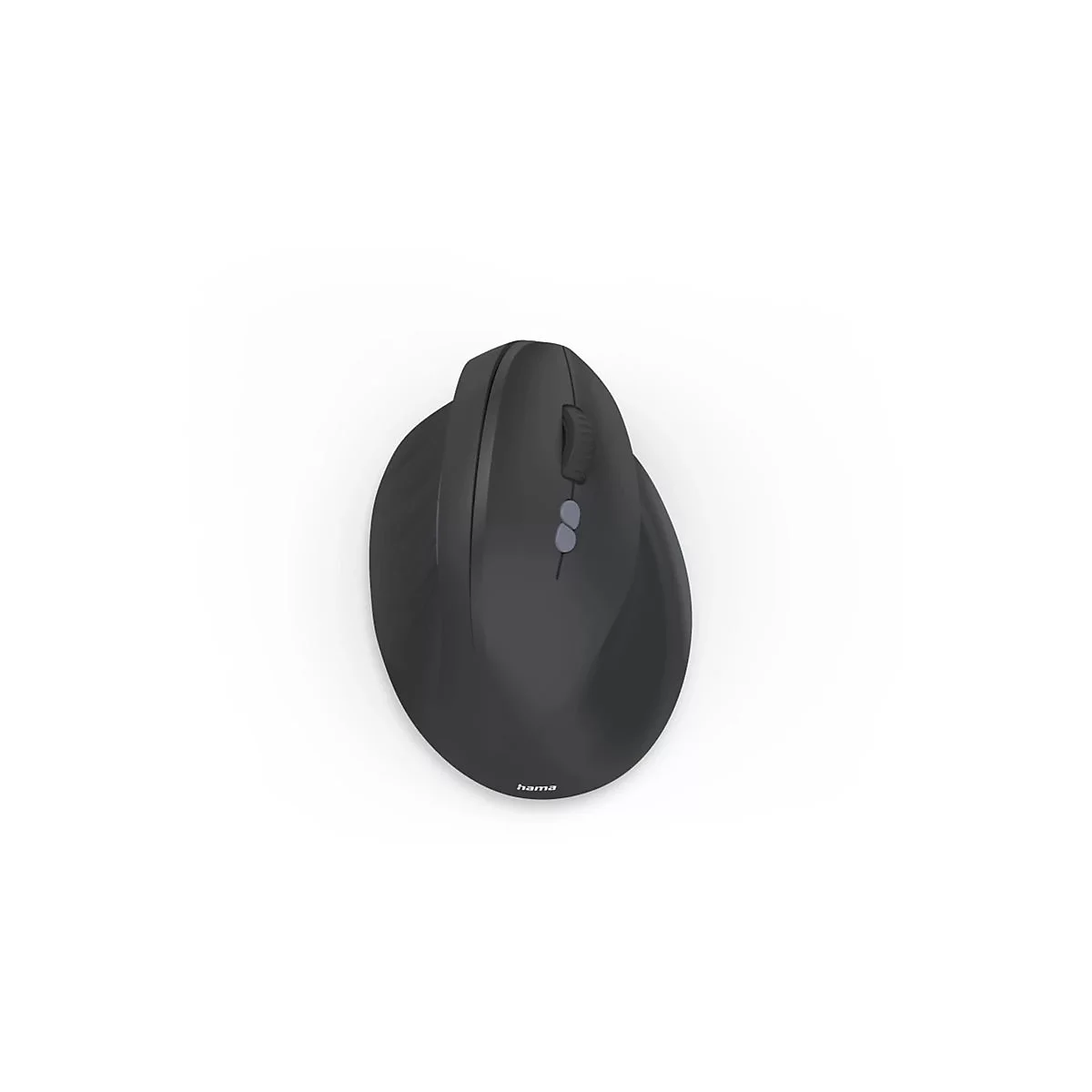 Dunkelgraue, ergonomisch geformte Vertikal-Computermaus mit Scrollrad und Zusatztasten, Hama-Logo auf der Unterseite.