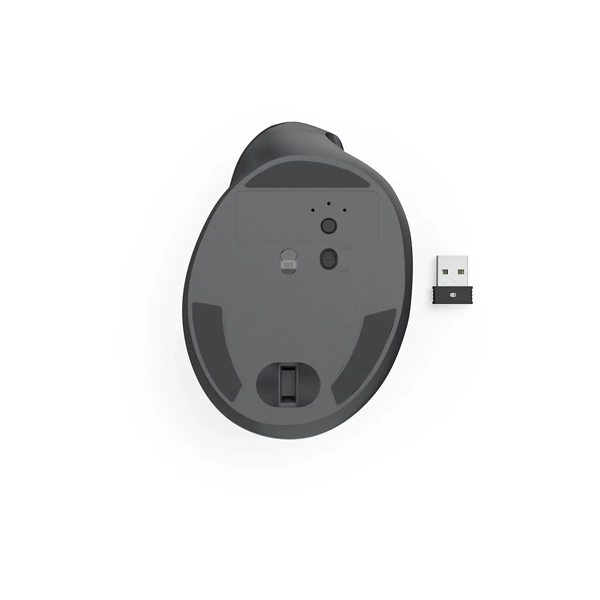 Unterseite einer dunklen, ergonomischen Computermaus mit Ein-Aus-Schalter und daneben liegendem USB-Empfänger.