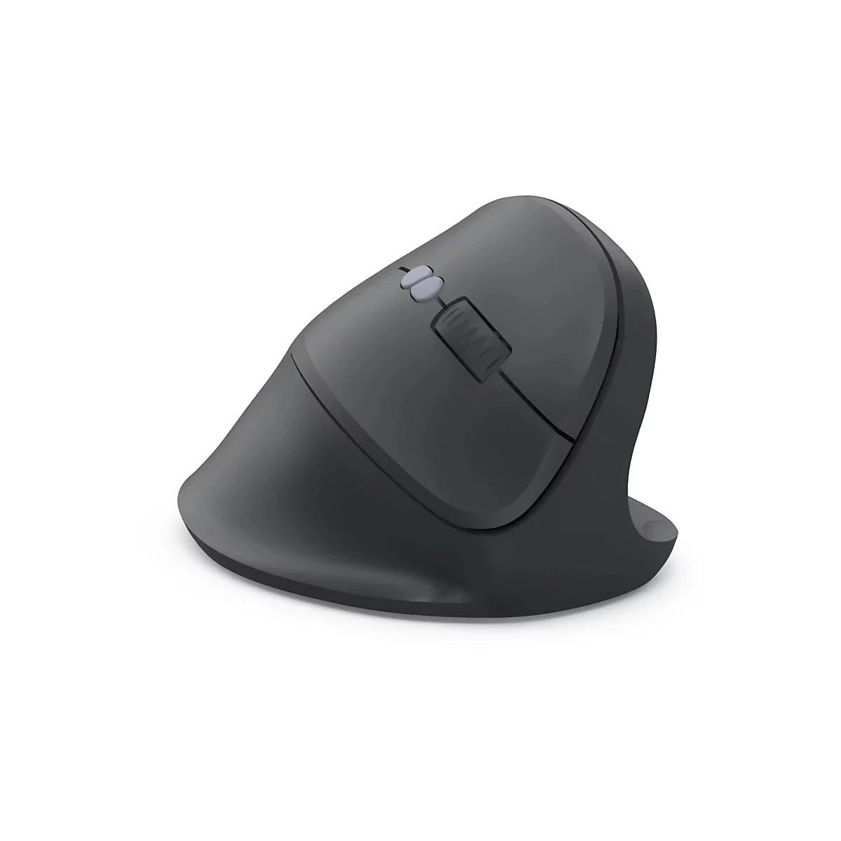 Dunkelgraue, ergonomisch geformte Vertikalmaus vor weißem Hintergrund.