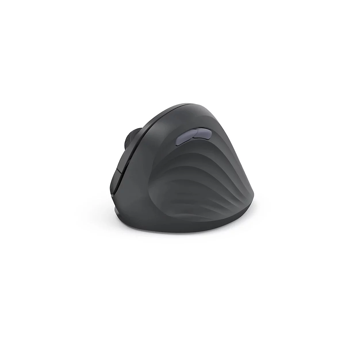 Schwarze, ergonomisch geformte Vertikal-Computermaus mit geschwungenem Design vor weißem Hintergrund.