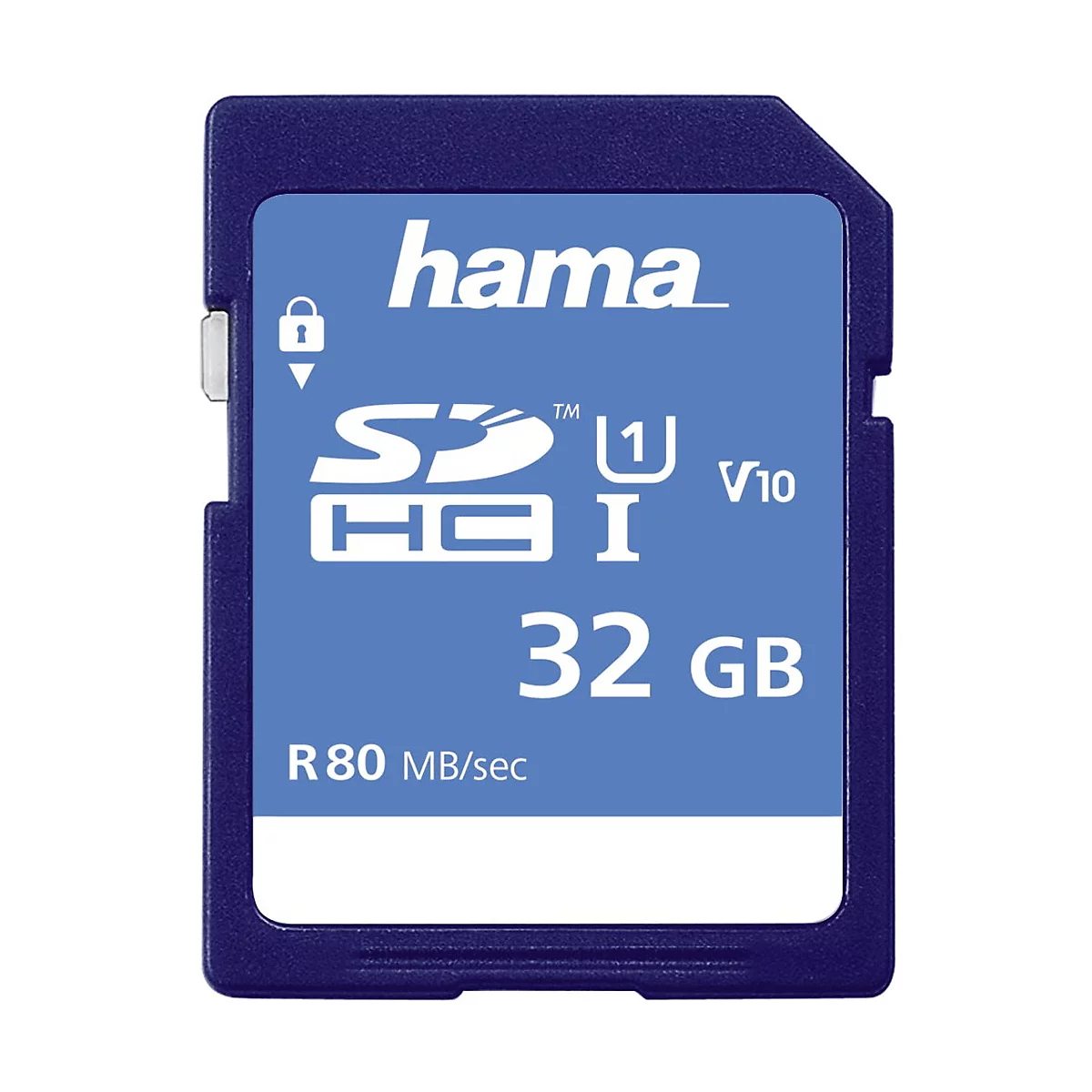 Blaue Hama SDHC-Speicherkarte, 32 GB, Schriftzüge SDHC, V10 und R80 MB/s.