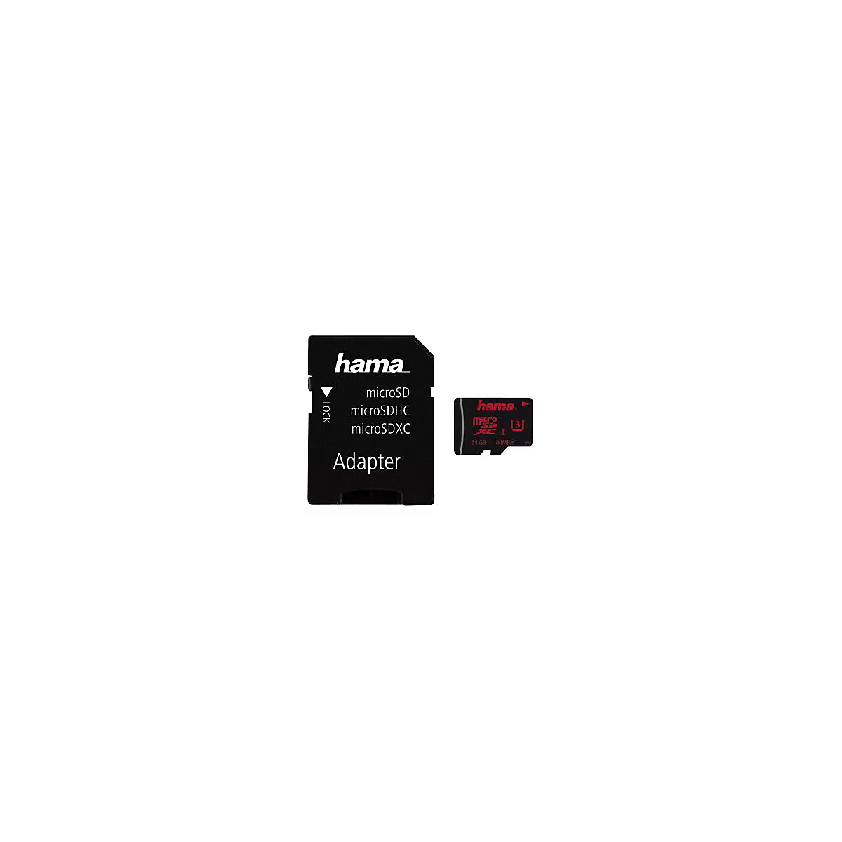 Eine schwarze Hama microSD-Karte mit Adapter. Der Adapter trägt die Aufschrift microSD, microSDHC, microSDXC. Die Karte trägt die Aufschrift 64 GB, 80 MB/s.