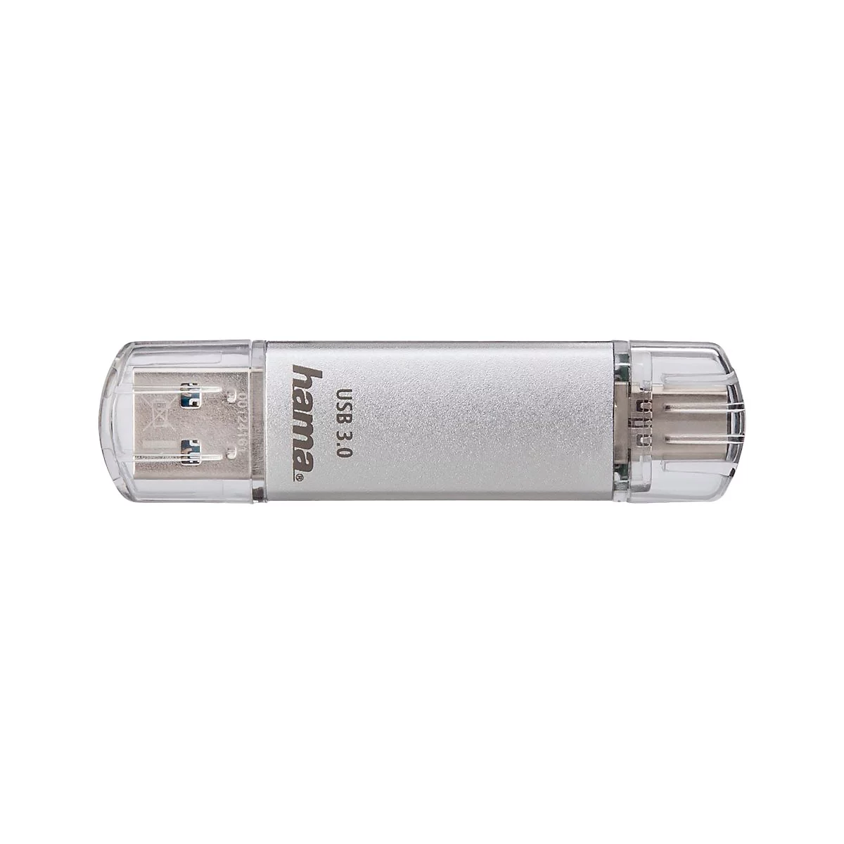 Silberner Hama USB-3.0-Stick mit zwei transparenten Schutzkappen auf weißem Hintergrund.