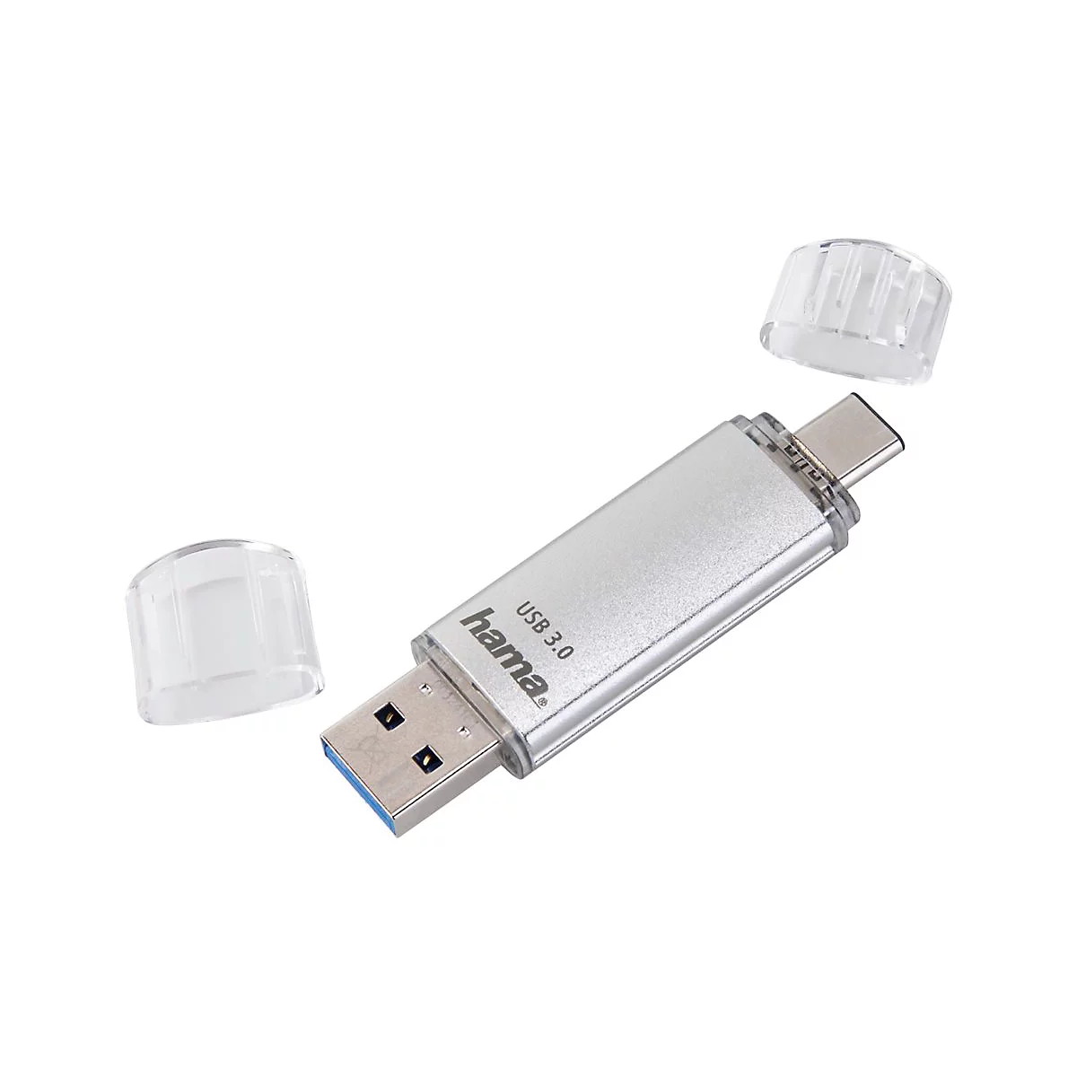 Hama USB-Stick mit USB-A und USB-C Anschluss und zwei transparenten Schutzkappen auf weißem Hintergrund.