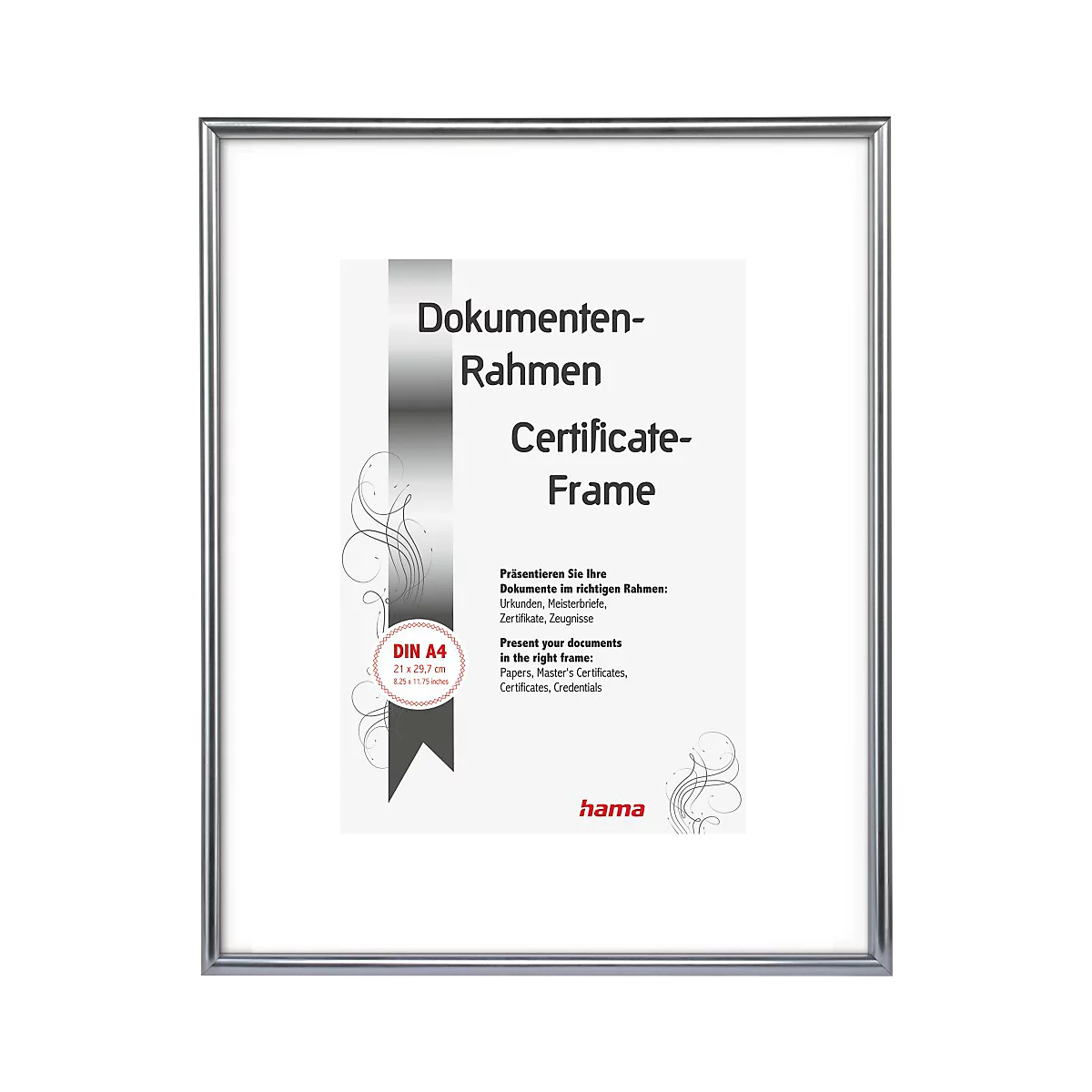 Silberner Dokumentenrahmen mit weissem Passepartout und Aufdruck "Dokumenten-Rahmen Certificate-Frame" von Hama.