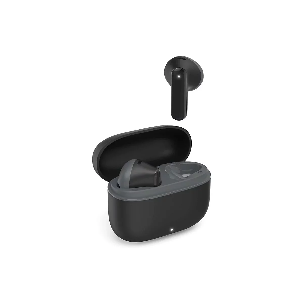 Schwarze kabellose In-Ear-Kopfhörer mit offenem Ladecase vor weißem Hintergrund.