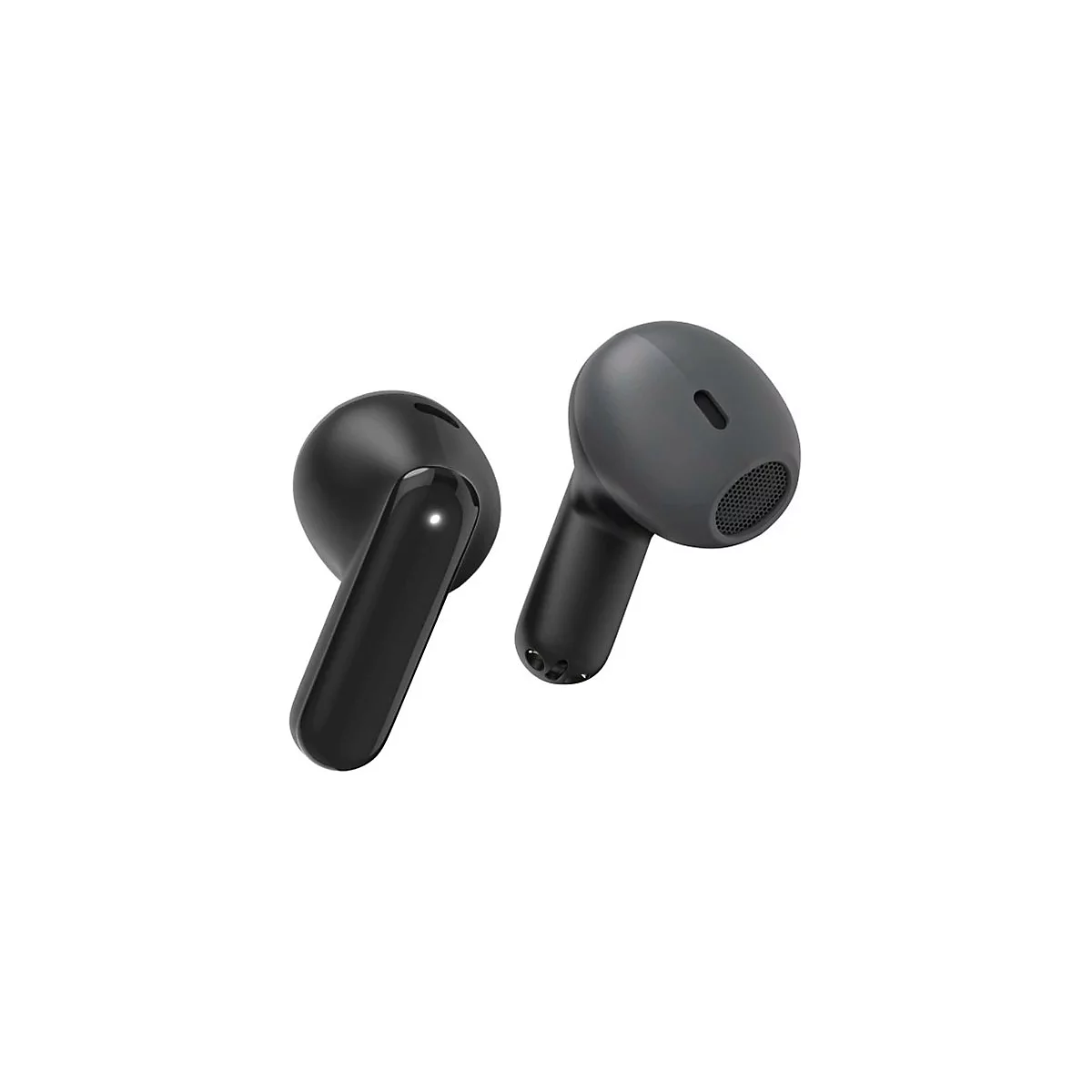 Zwei schwarze In-Ear-Kopfhörer vor weißem Hintergrund, einer mit sichtbarer Lade-LED.