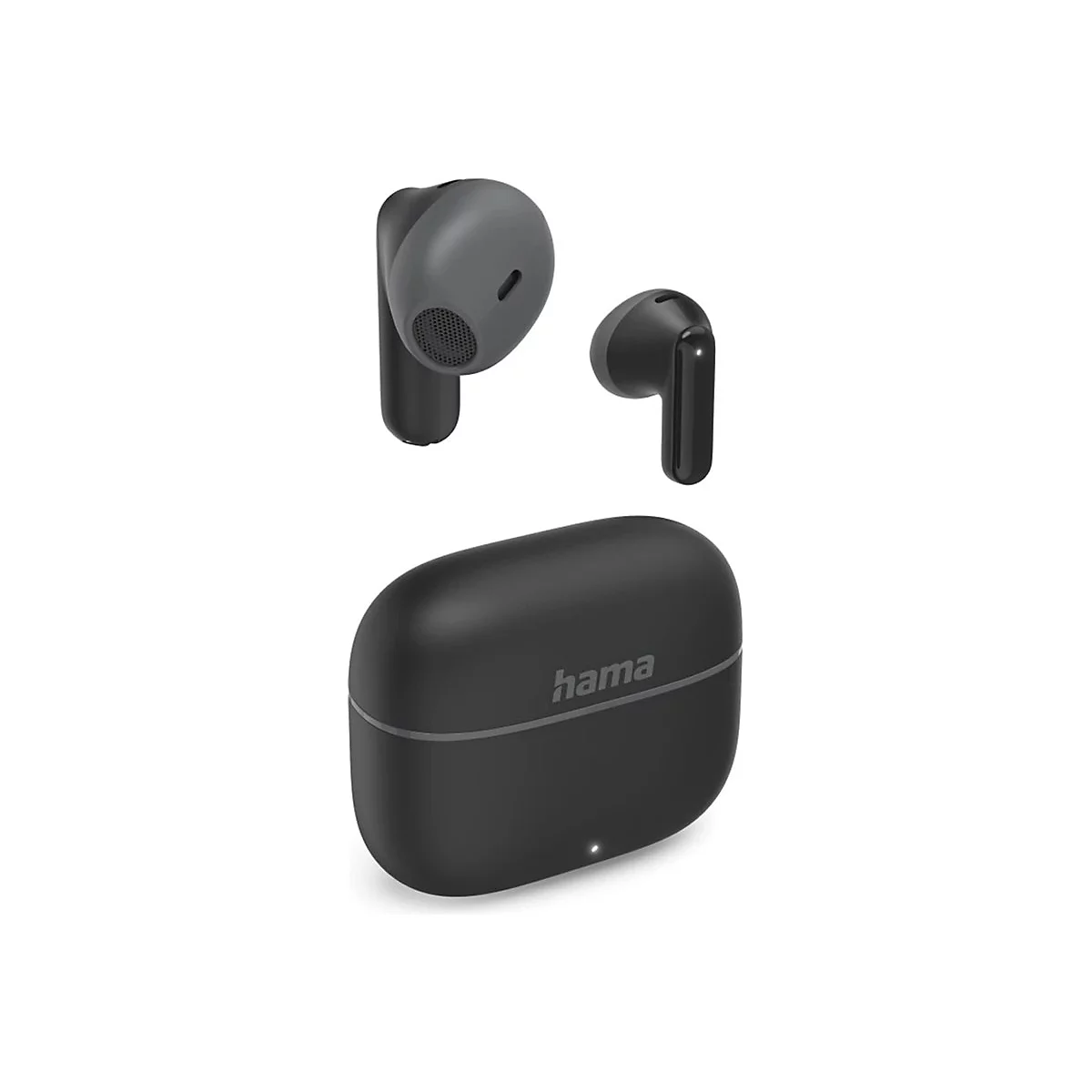 Schwarze kabellose Bluetooth-Ohrhörer von Hama mit Ladestation vor weißem Hintergrund.