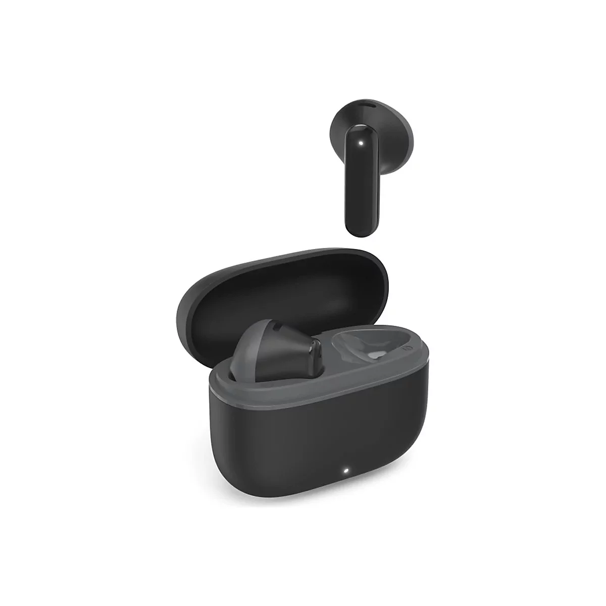 Schwarze kabellose In-Ear-Kopfhörer mit Ladecase vor weißem Hintergrund.