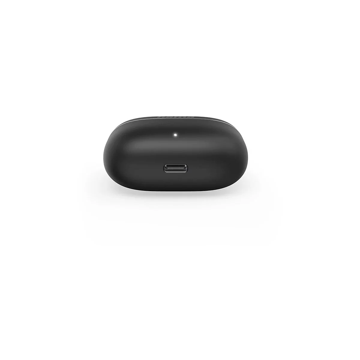 Schwarzes Ladecase für kabellose Kopfhörer mit USB-C-Anschluss und kleiner LED-Anzeige vor weißem Hintergrund.