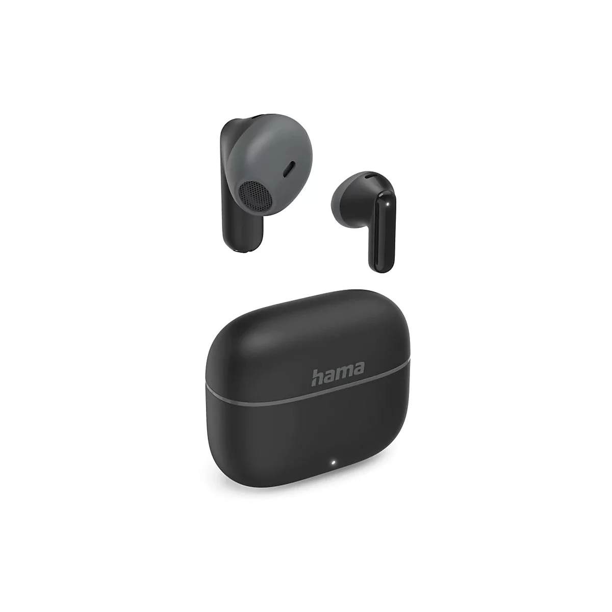 Schwarze kabellose Bluetooth-Ohrhörer mit passendem Ladecase vor weißem Hintergrund.