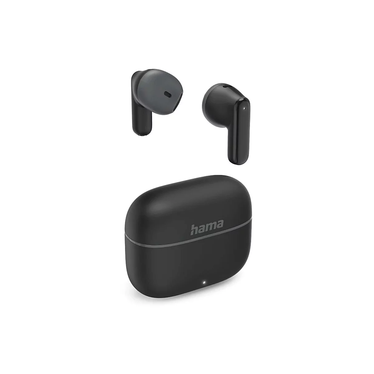 Schwarze kabellose Hama In-Ear-Kopfhörer mit Ladecase vor weißem Hintergrund.