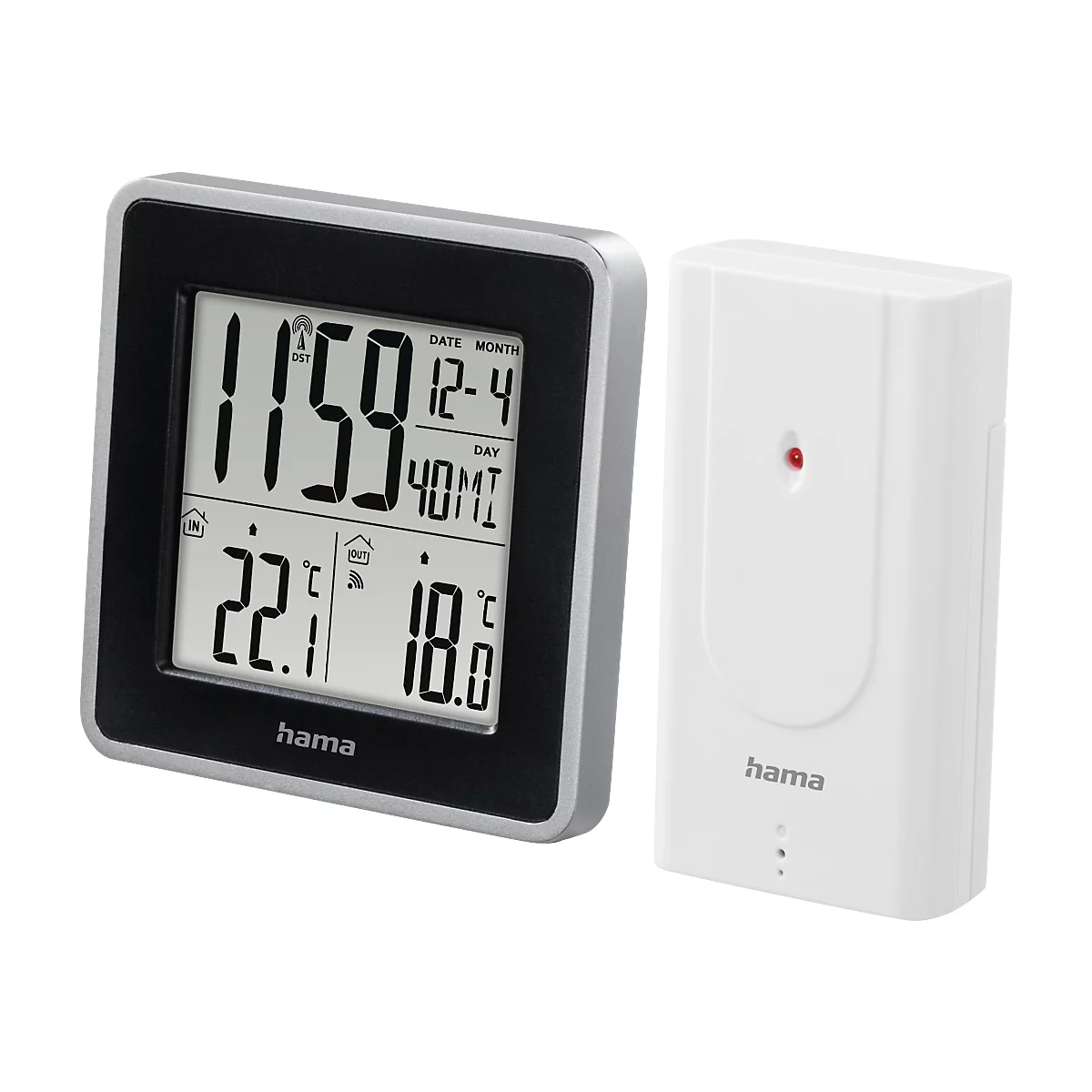 Digitales Thermometer mit silbernem Rahmen und weissem Sender. Anzeigen: Zeit, Datum, Innen- und Aussentemperatur.
