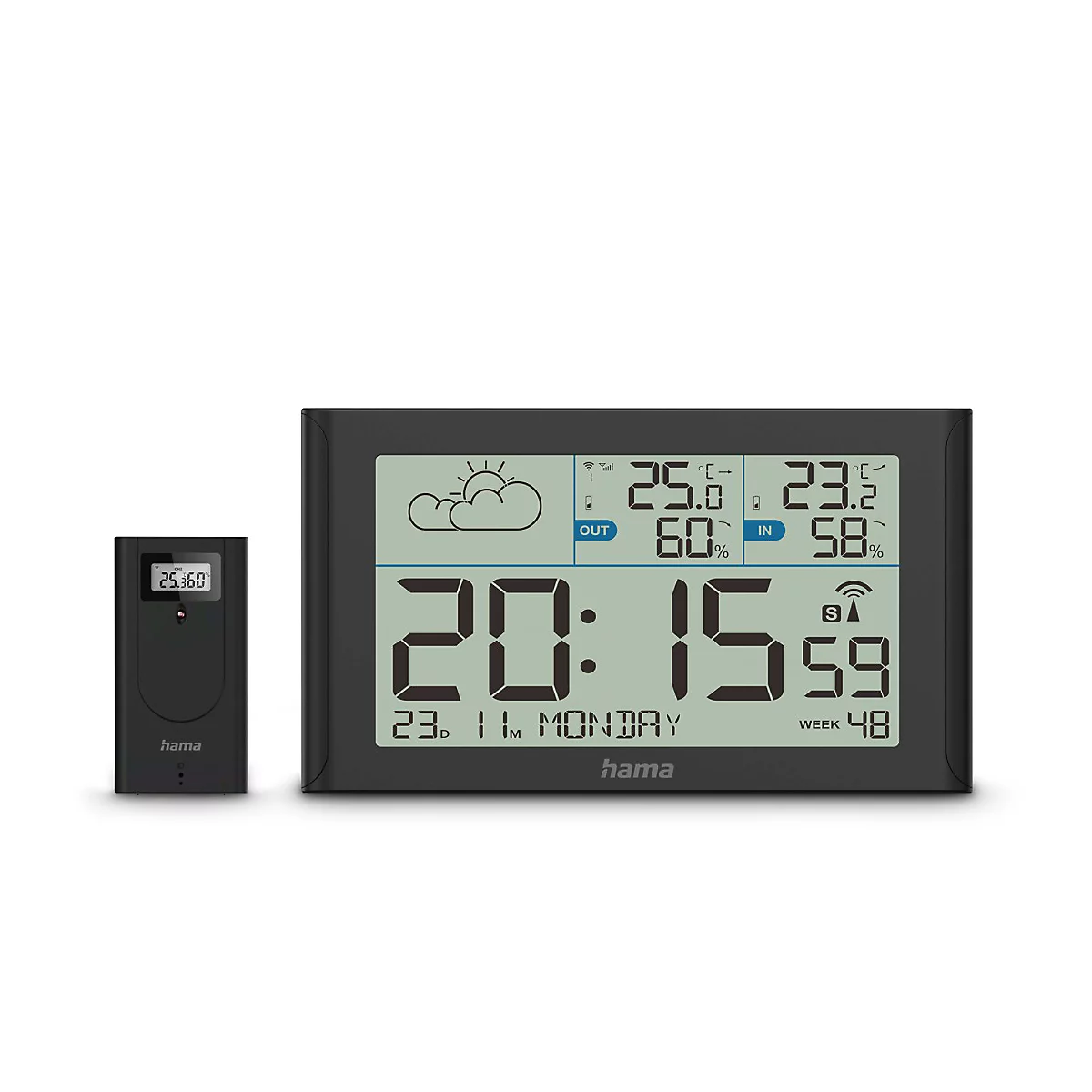 Schwarze Wetterstation mit Digitalanzeige. Uhrzeit, Datum, Innen- und Aussentemperatur und Luftfeuchtigkeit sind angezeigt.